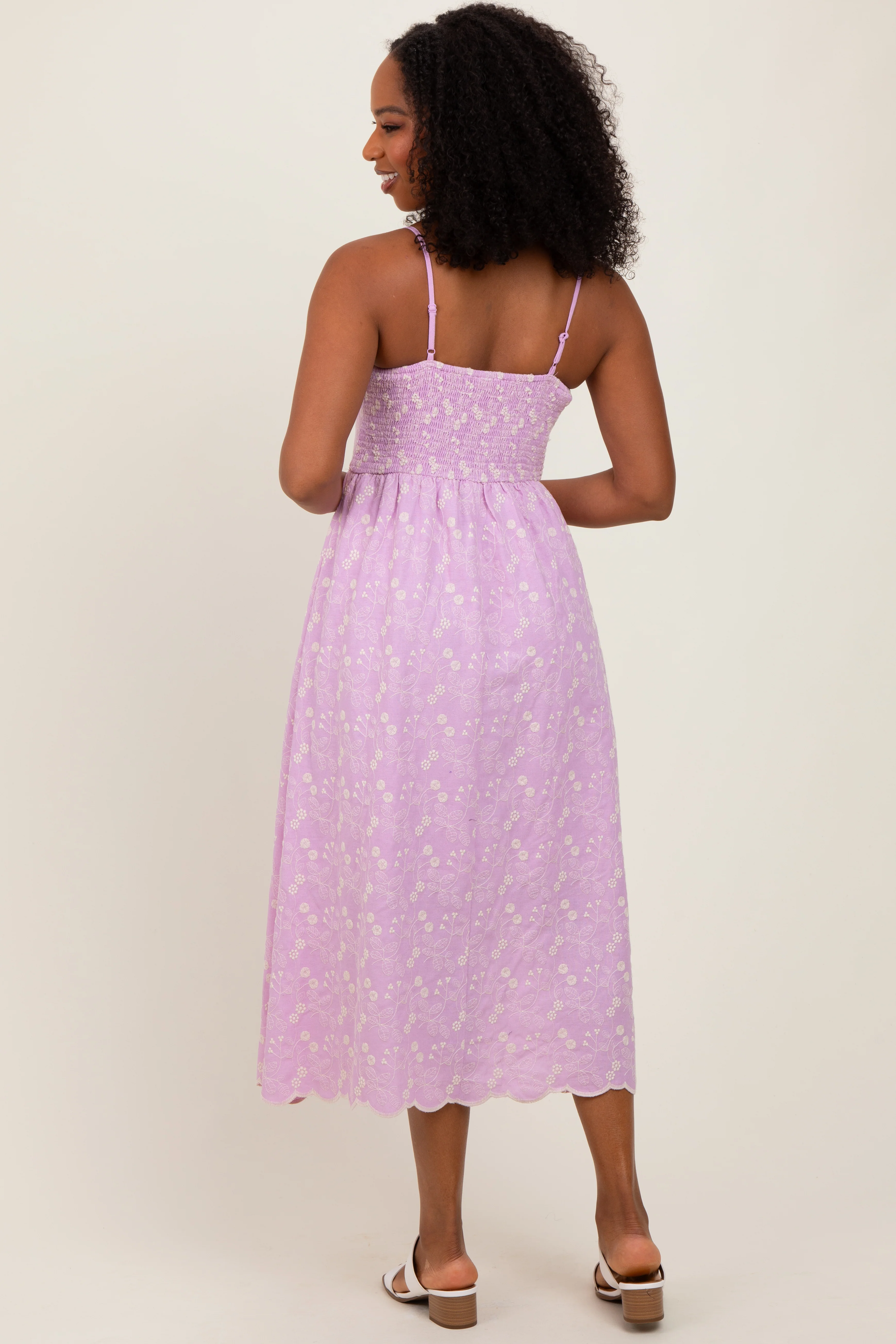 Lavender Floral Embroidered Scallop Detail Midi Dress - Image 4