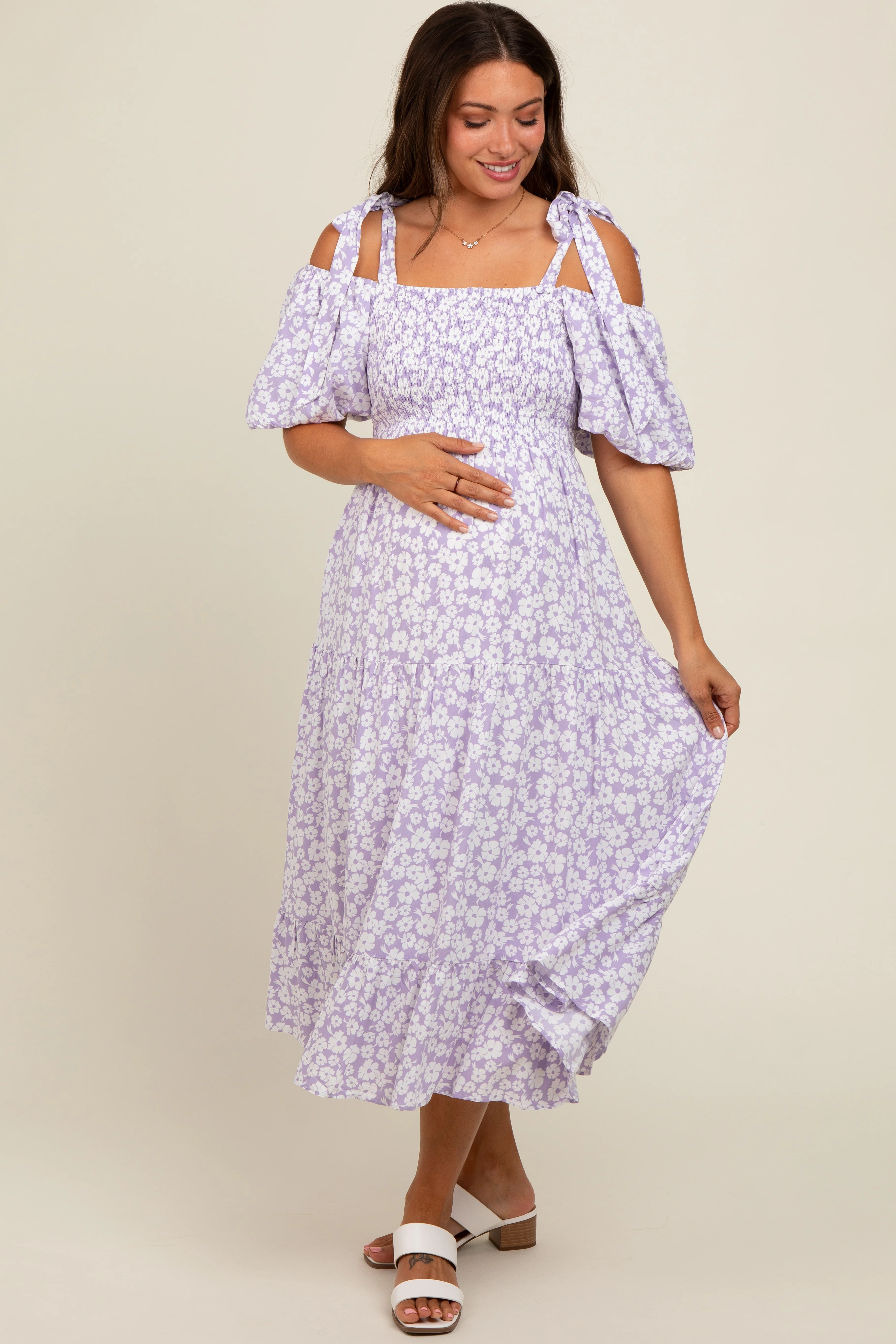 Lavender Floral Off Shoulder Smocked Maternity Dress - Image 2