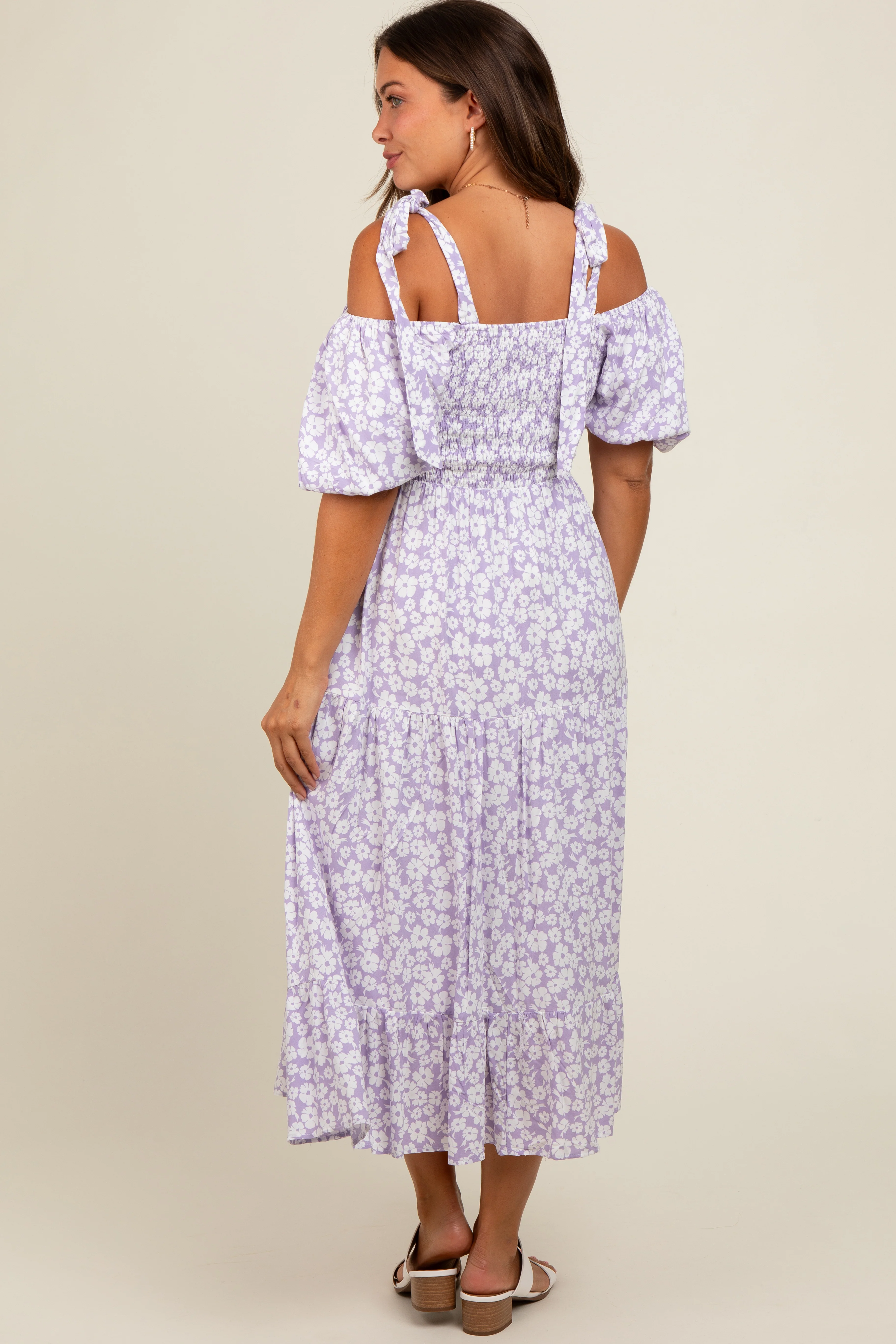 Lavender Floral Off Shoulder Smocked Maternity Dress - Image 4