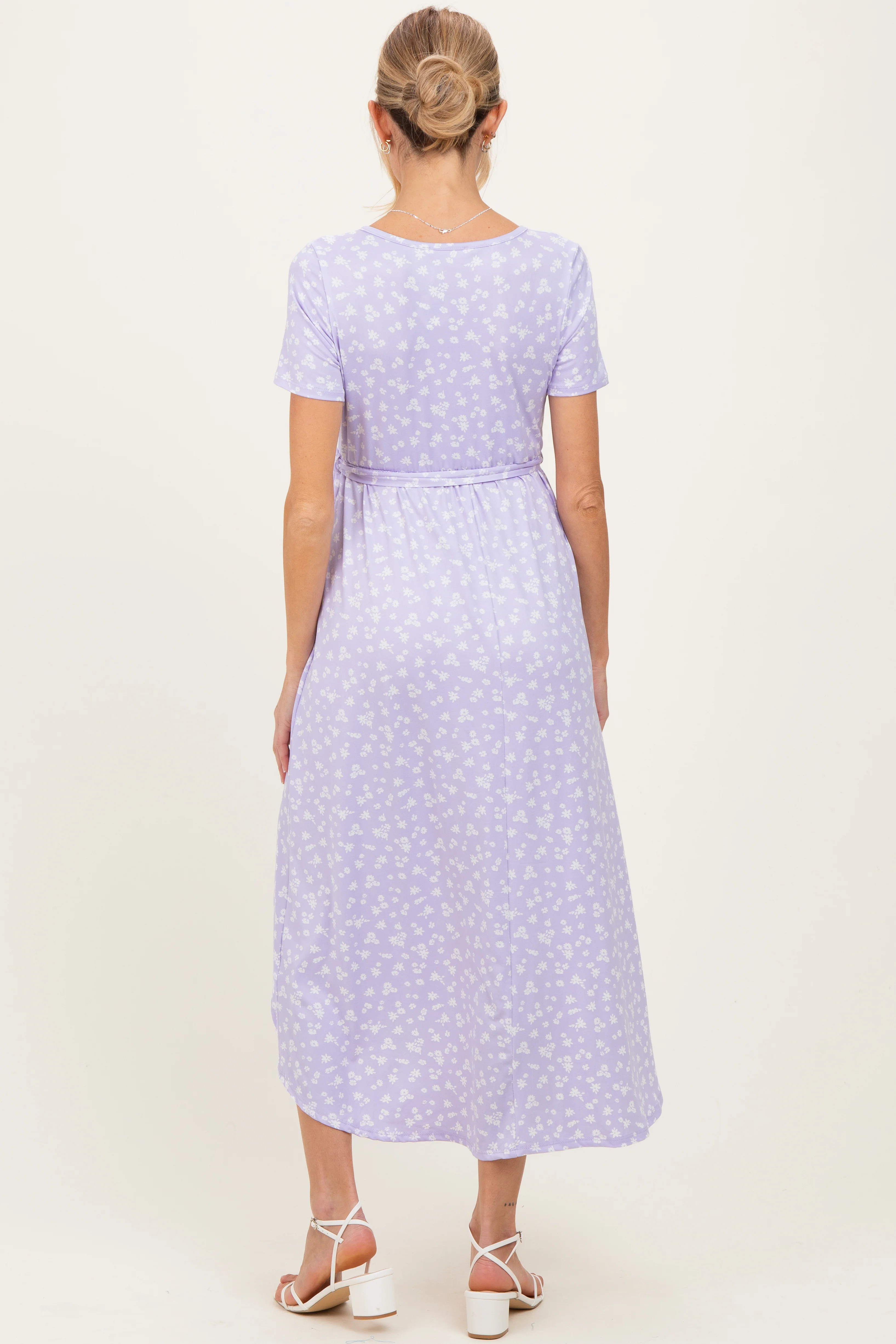 Lavender Floral Print Short Sleeve Hi-Low Maternity Wrap Dress - Image 3