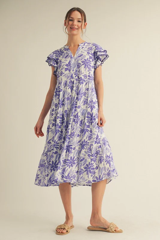 Lavender Floral Ruffle Sleeve Tiered Maternity Midi Dress - Image 5