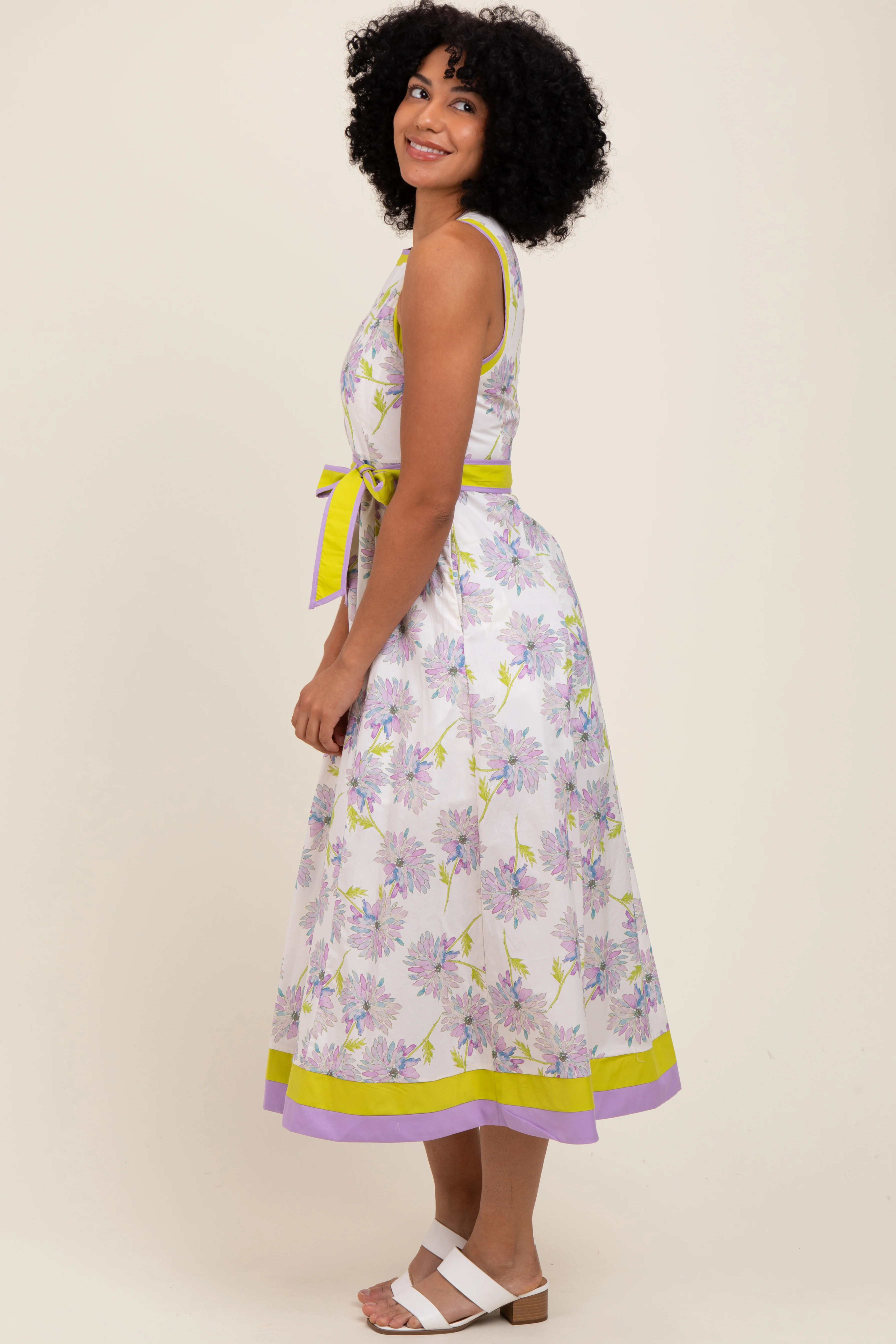 Lavender Floral Sleeveless Sash Tie Midi Dress - Image 2
