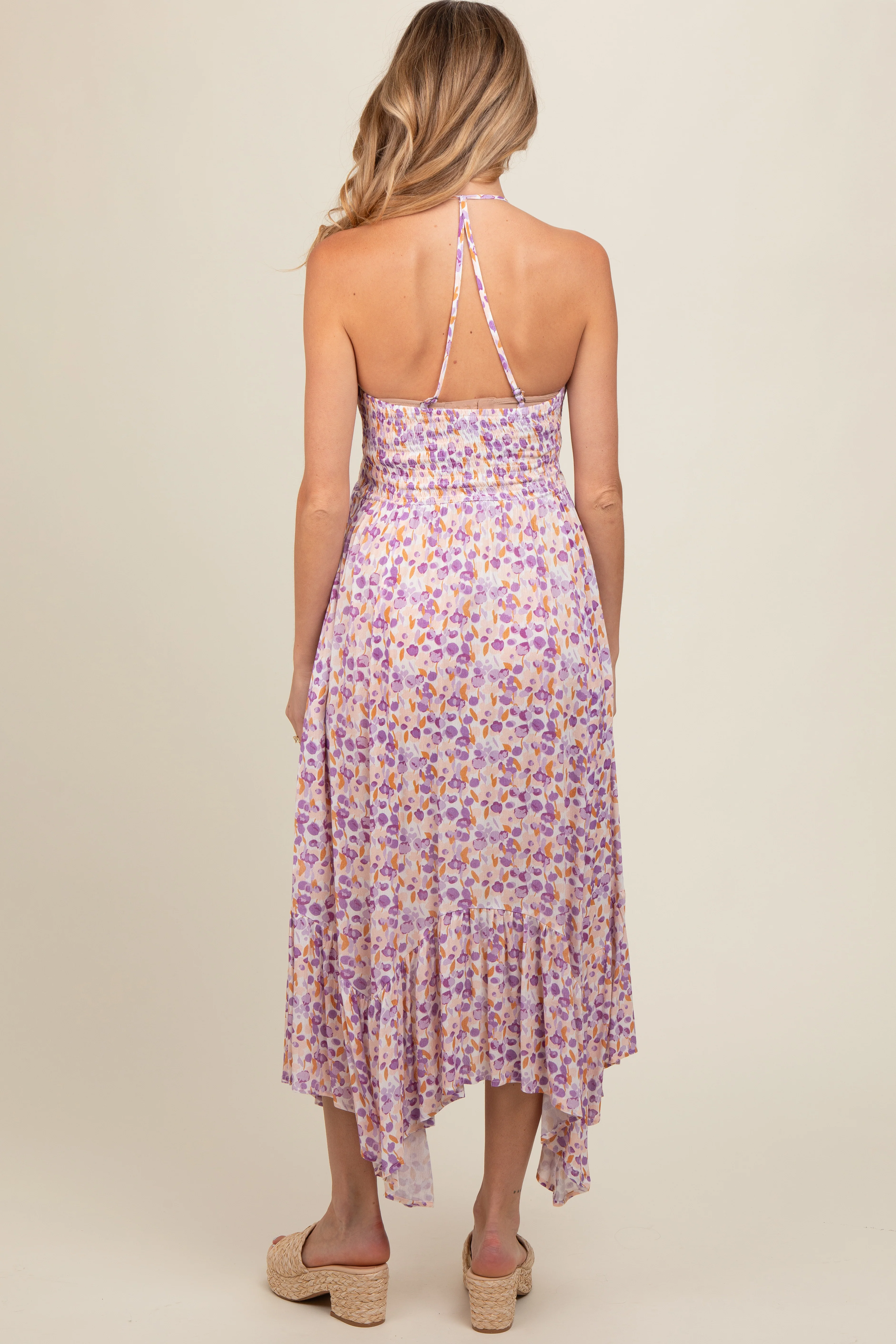 Lavender Floral Smocked Halter Flowy Maternity Maxi Dress - Image 5