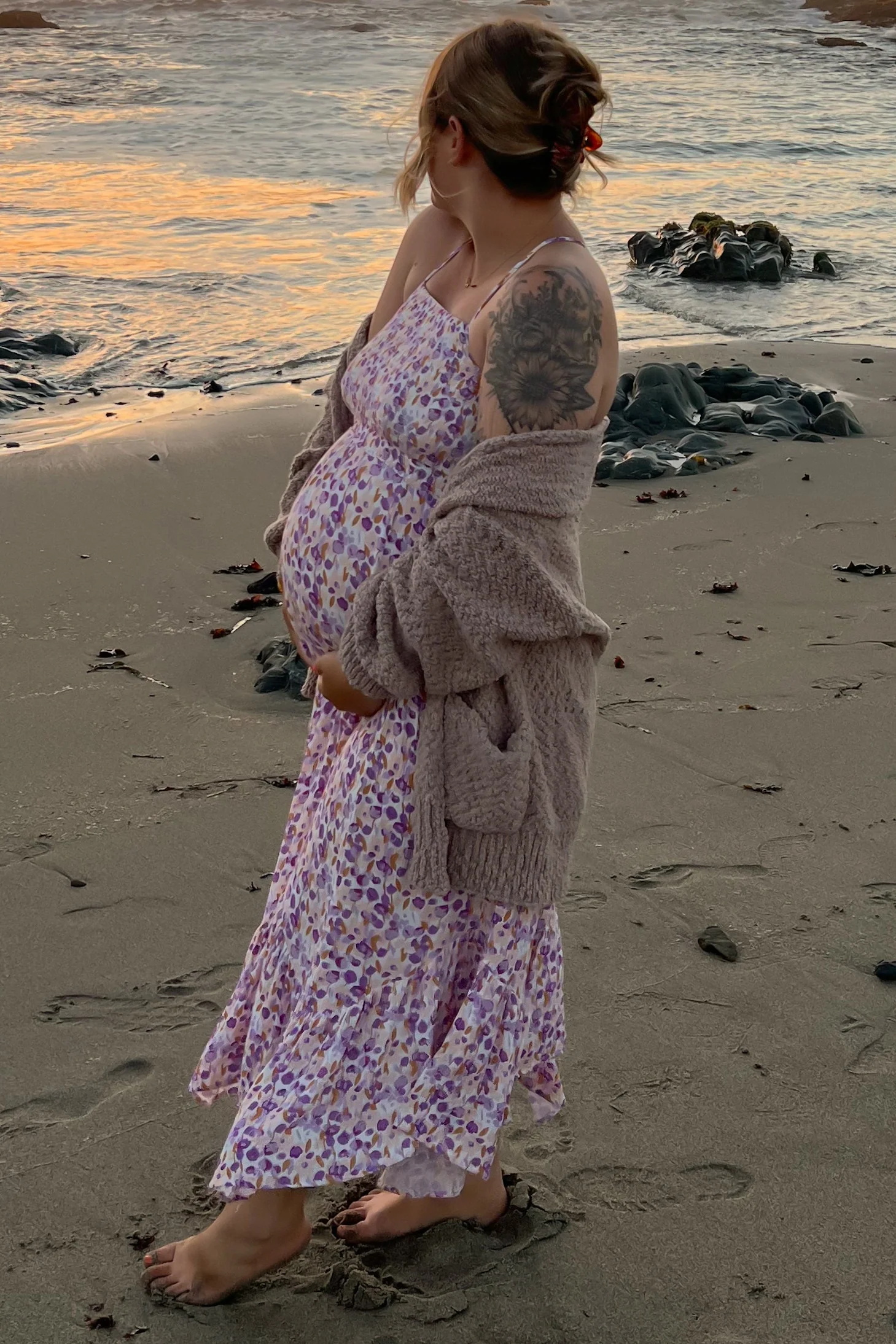 Lavender Floral Smocked Halter Flowy Maternity Maxi Dress - Image 7