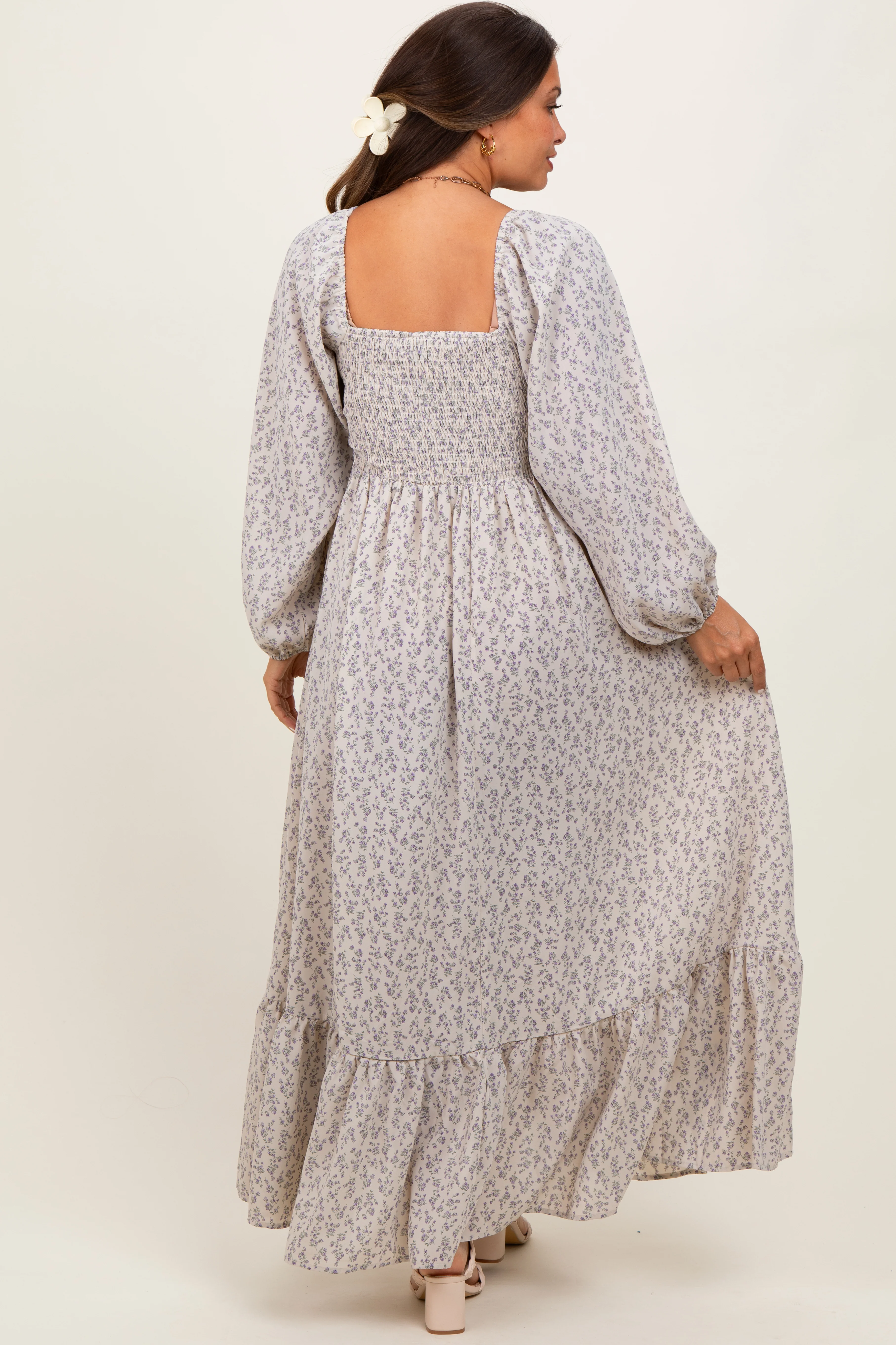 Lavender Floral Smocked Lace Trim Sweetheart Maternity Maxi Dress - Image 4