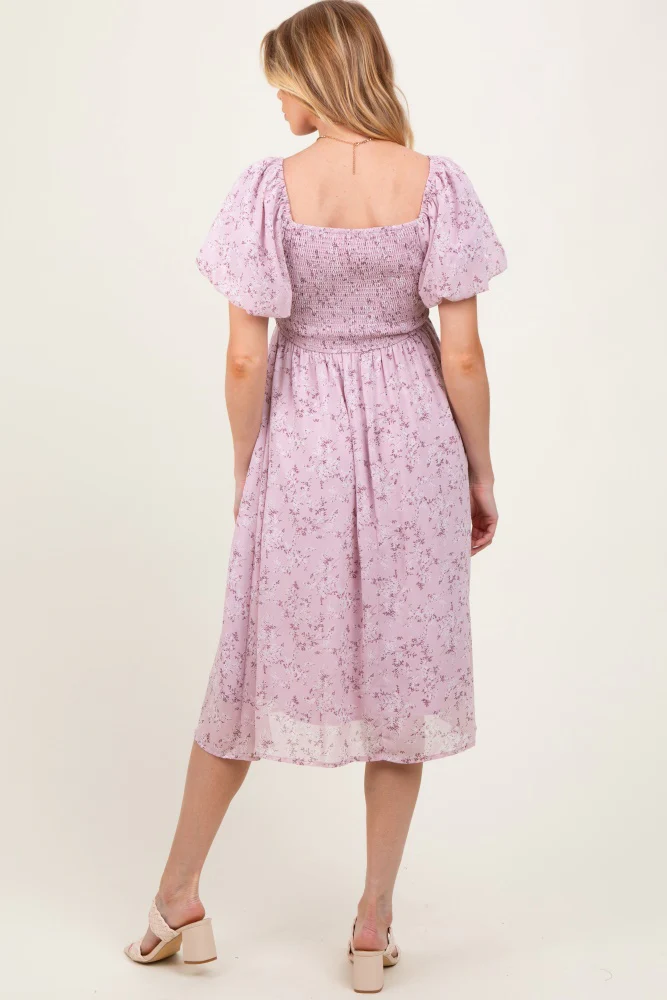 Lavender Floral Smocked Short Sleeve Maternity Midi Dress - Image 4