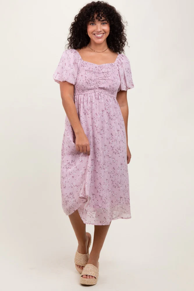 Lavender Floral Smocked Short Sleeve Maternity Midi Dress - Image 5