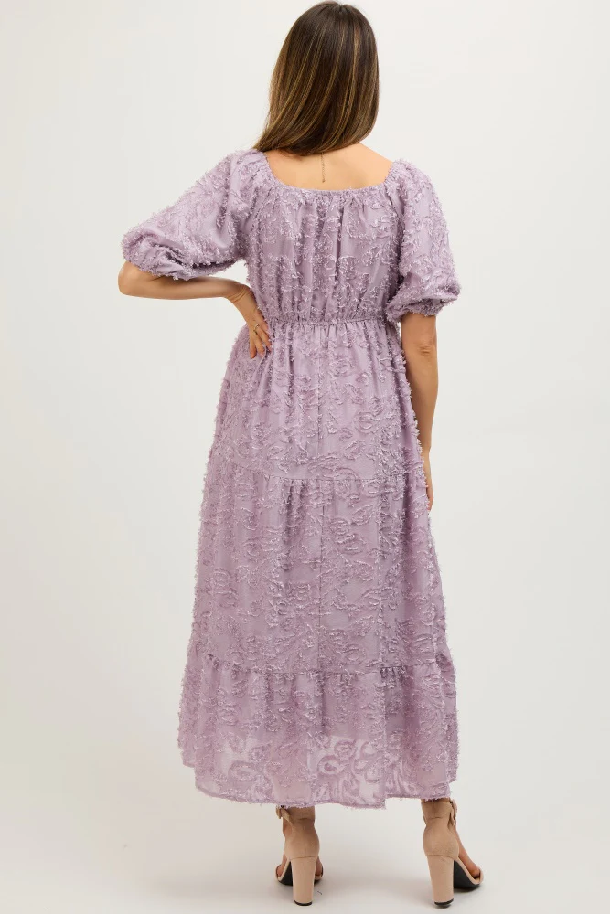 Lavender Fringe Textured Short Puff Sleeve Maternity Midi Dress - Image 6