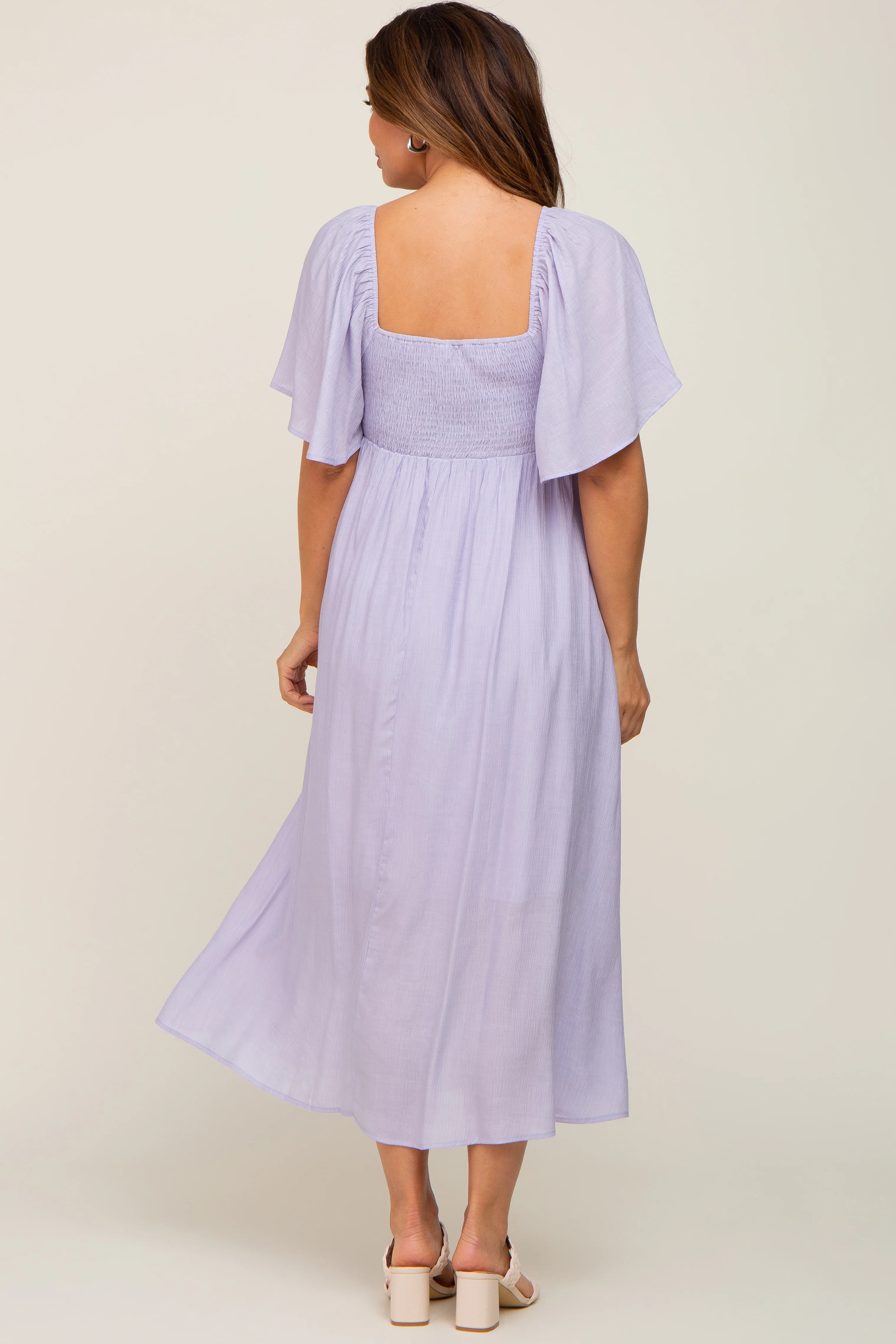 Lavender Front Tie Ruffle Sleeve Maternity Midi Dress - Image 3