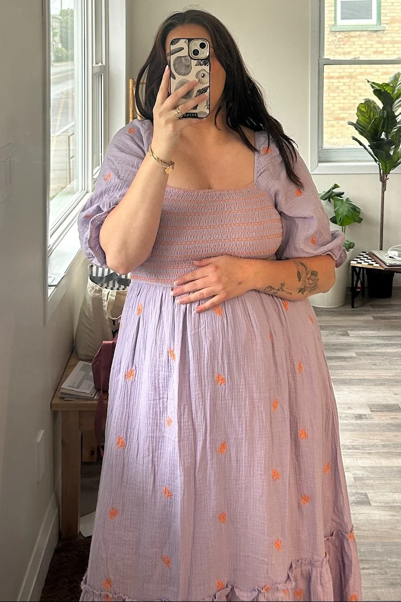 Lavender Gauze Smocked Embroidered Square Neck Maternity Midi Dress - Image 6