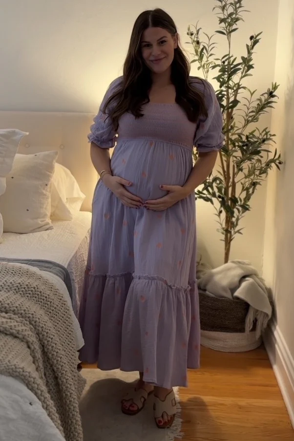 Lavender Gauze Smocked Embroidered Square Neck Maternity Midi Dress - Image 8