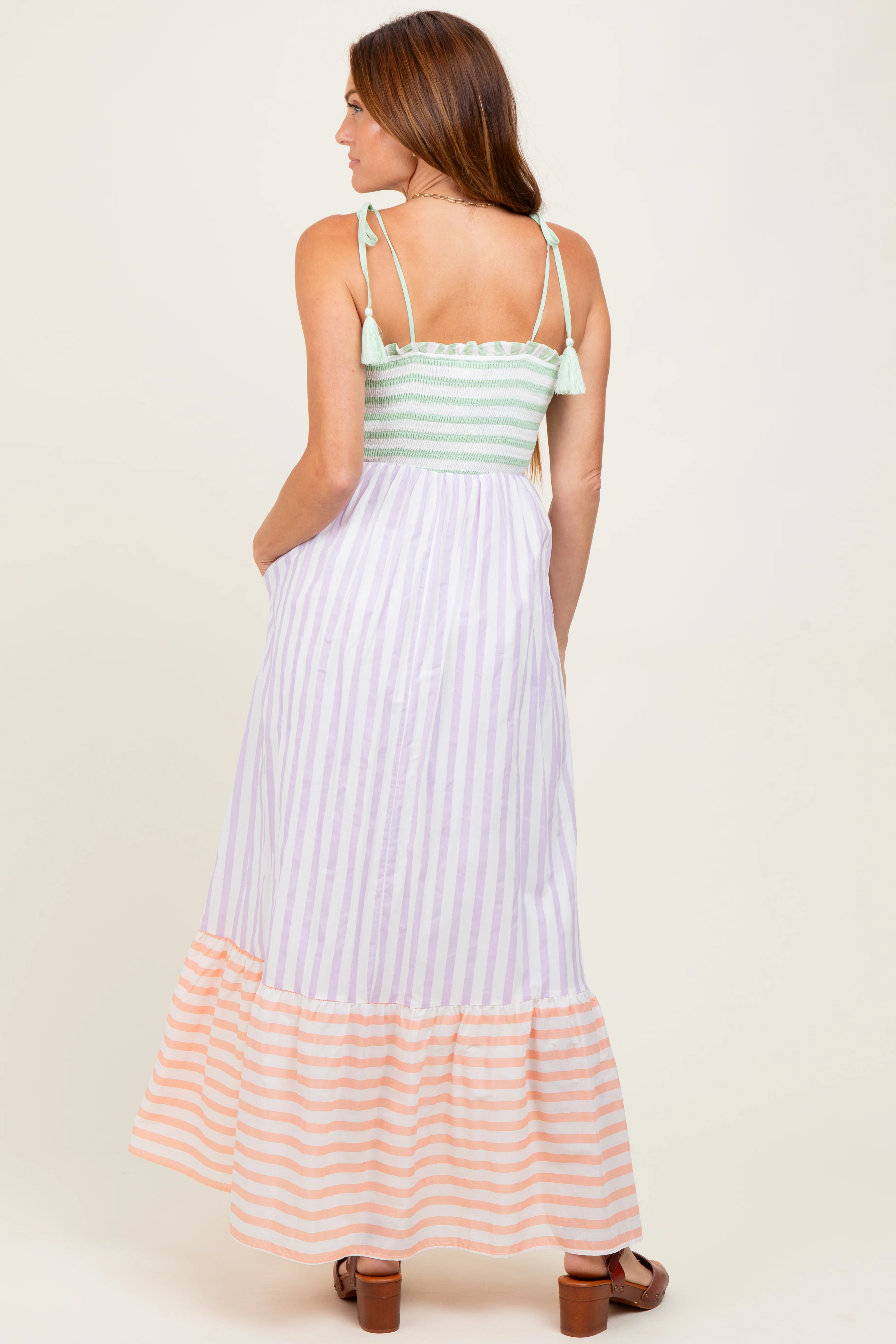 Lavender Multi-Color Striped Color Block Shoulder Tie Maxi Dress - Image 4