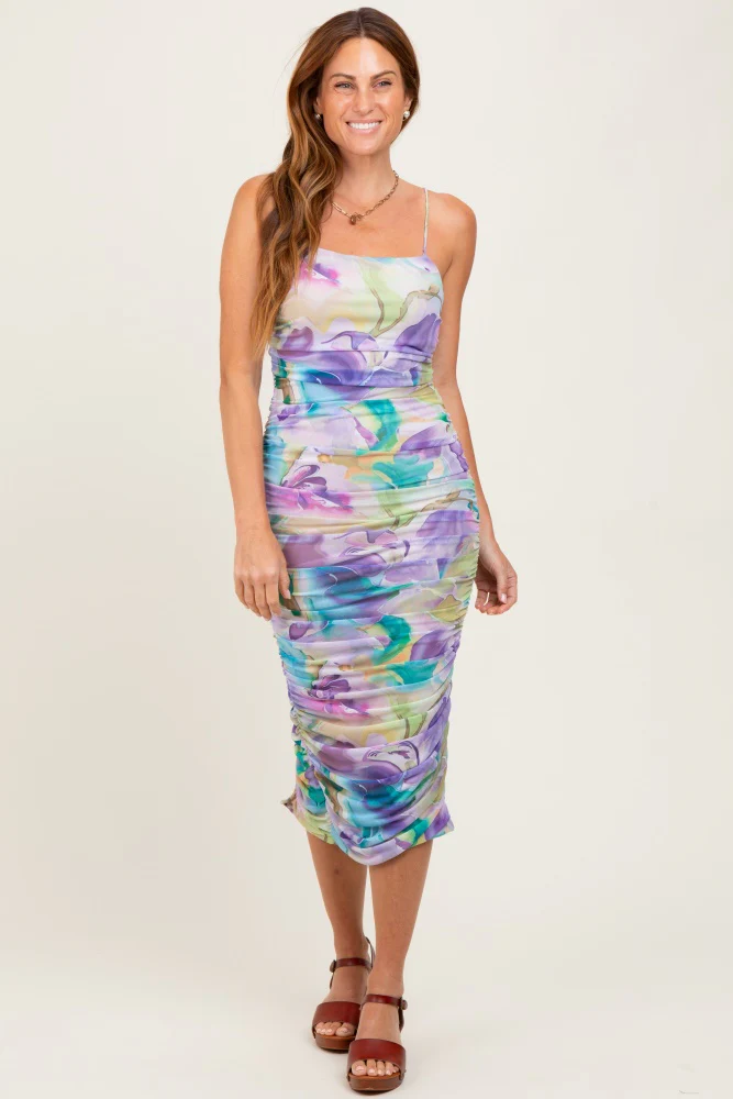 Lavender Printed Ruched Crisscross Back Midi Dress