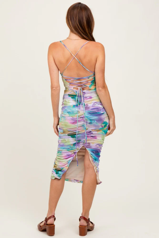 Lavender Printed Ruched Crisscross Back Midi Dress - Image 4