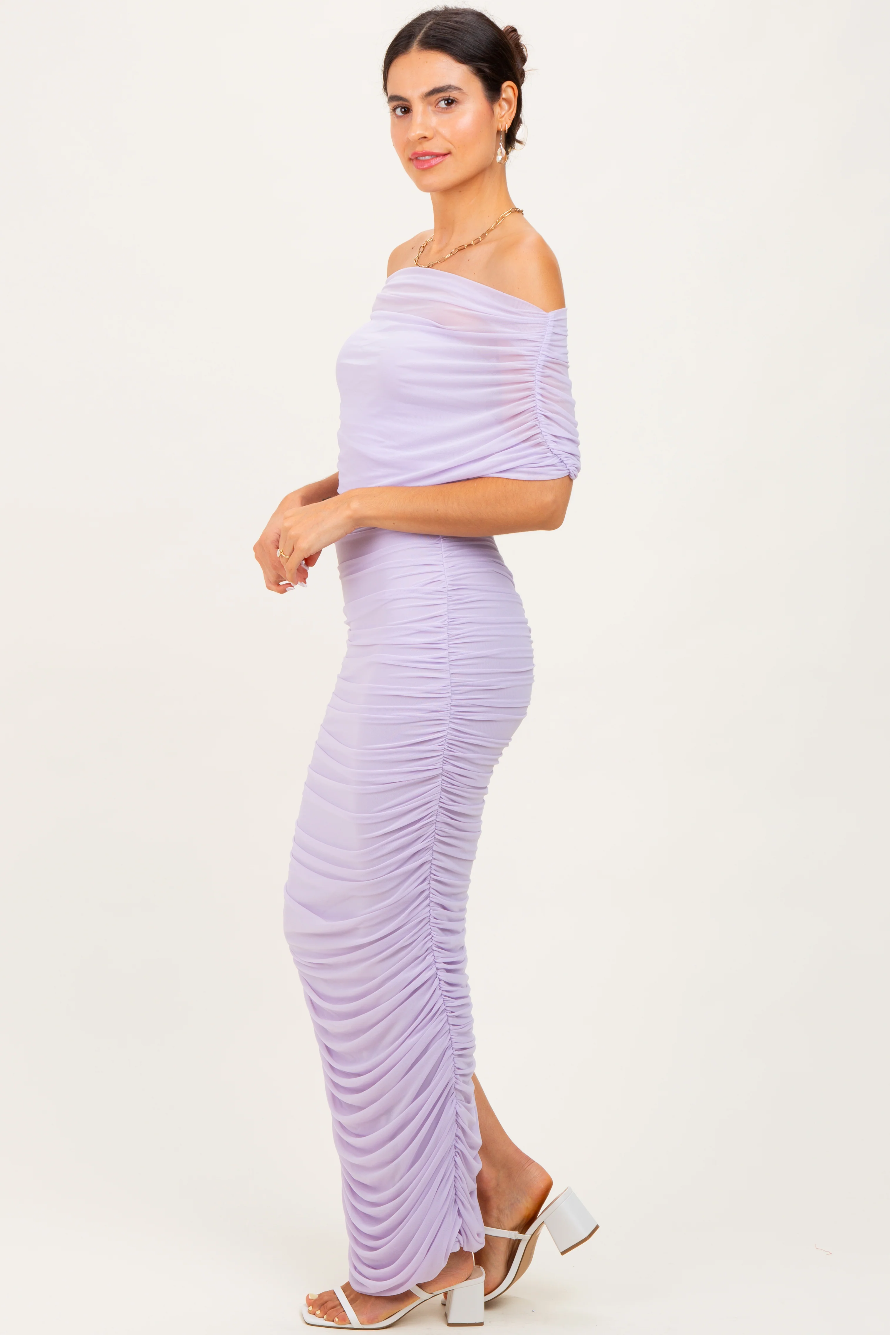 Lavender Ruched Mesh Foldover Off Shoulder Maxi Dress - Image 3