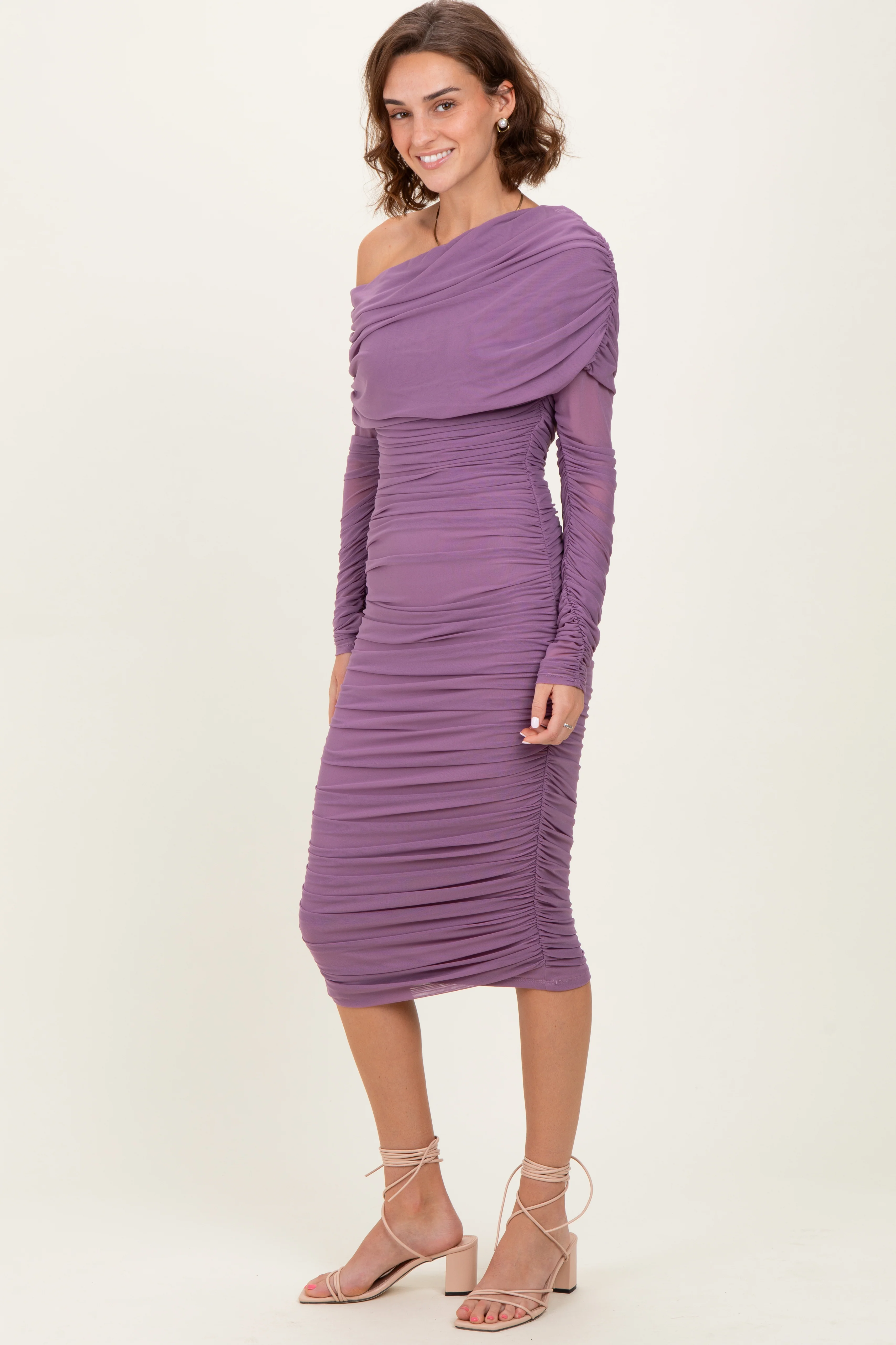 Lavender Ruched Mesh Off Shoulder Long Sleeve Midi Dress - Image 3