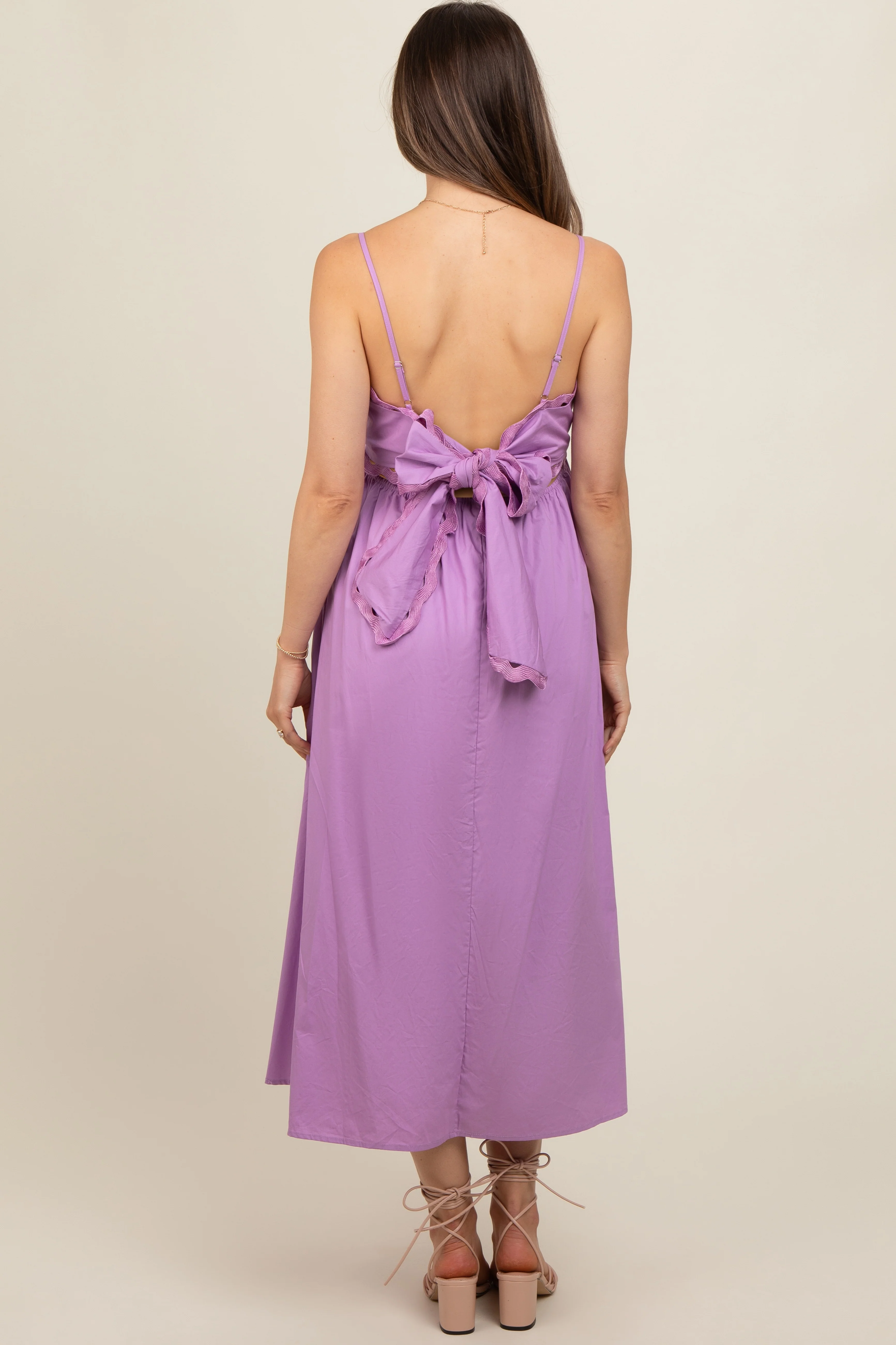 Lavender Scalloped Trim Cutout Back Maternity Maxi Dress - Image 3