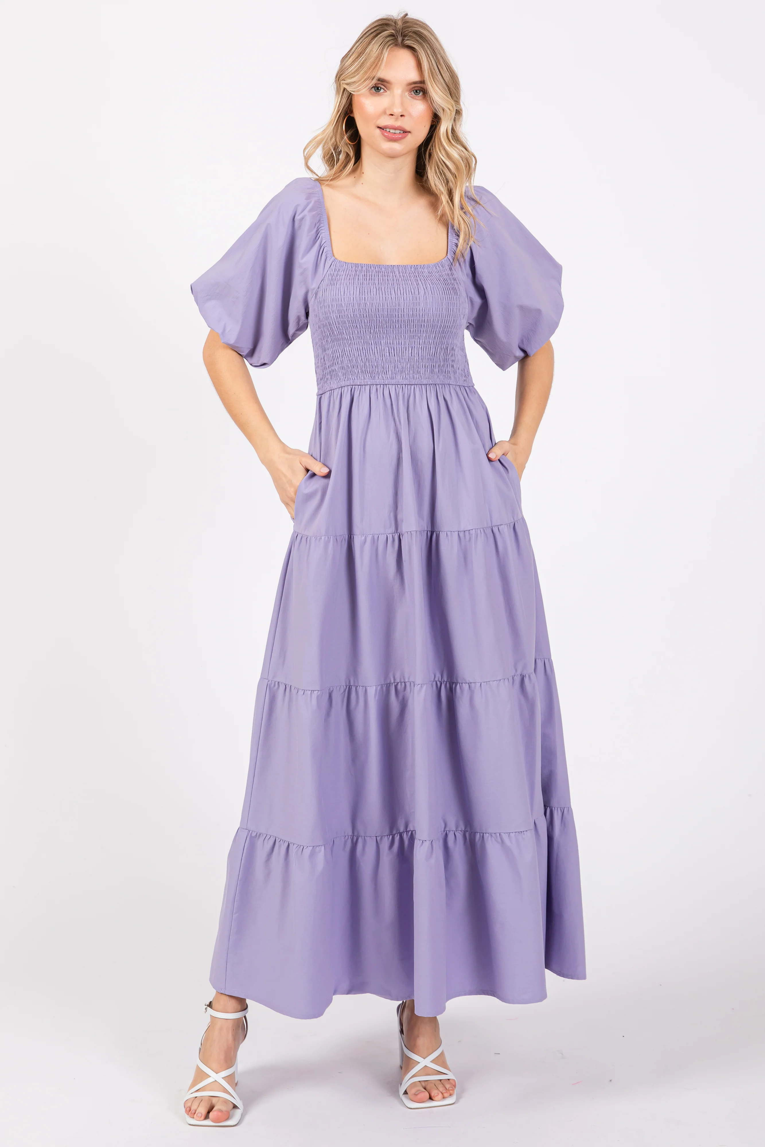 Lavender Smocked Square Neck Puff Sleeve Tiered Maternity Maxi Dress - Image 4