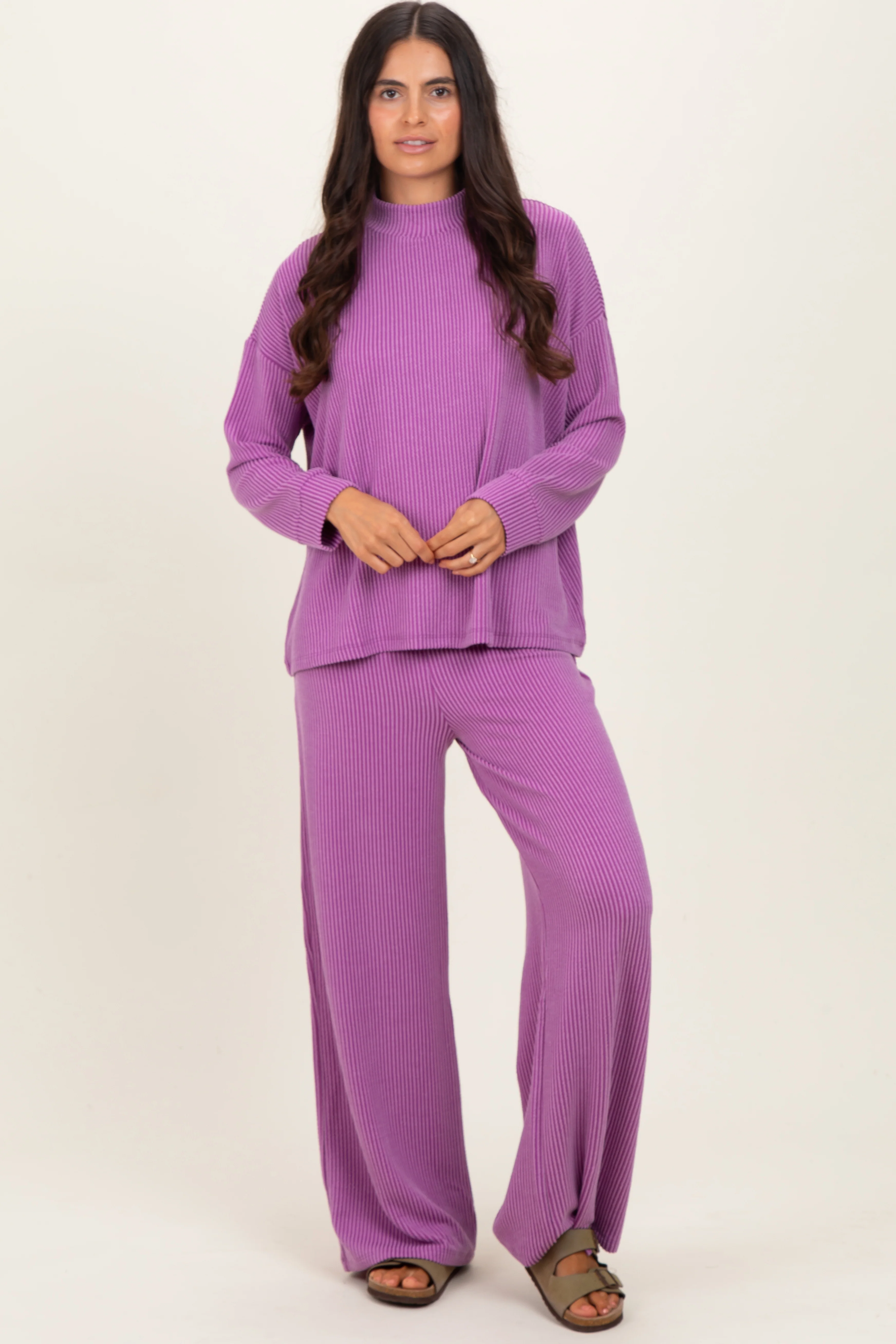 Lavender Textured Rib Mock Neck Long Sleeve Pants Maternity Set - Image 5