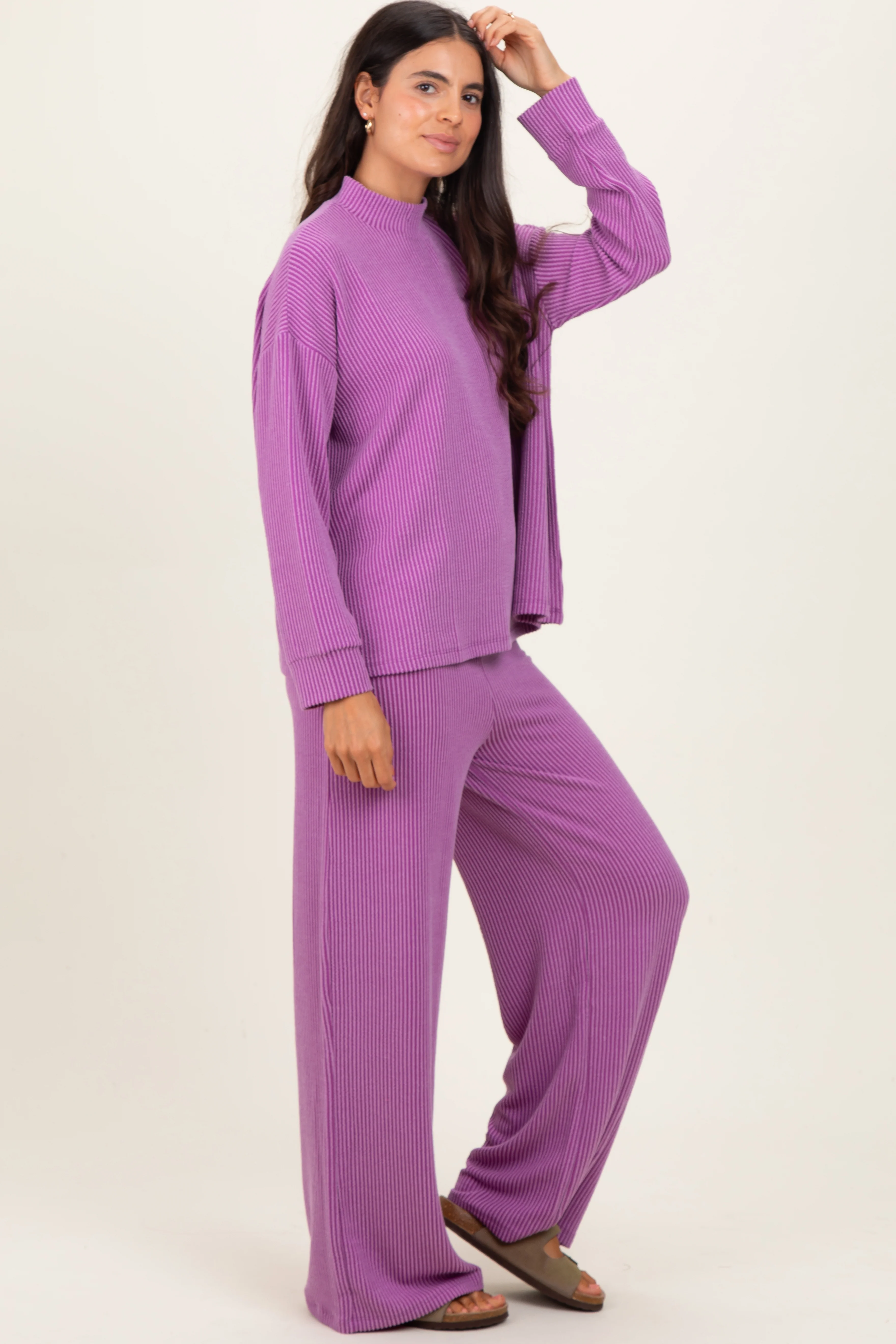 Lavender Textured Rib Mock Neck Long Sleeve Pants Set - Image 2