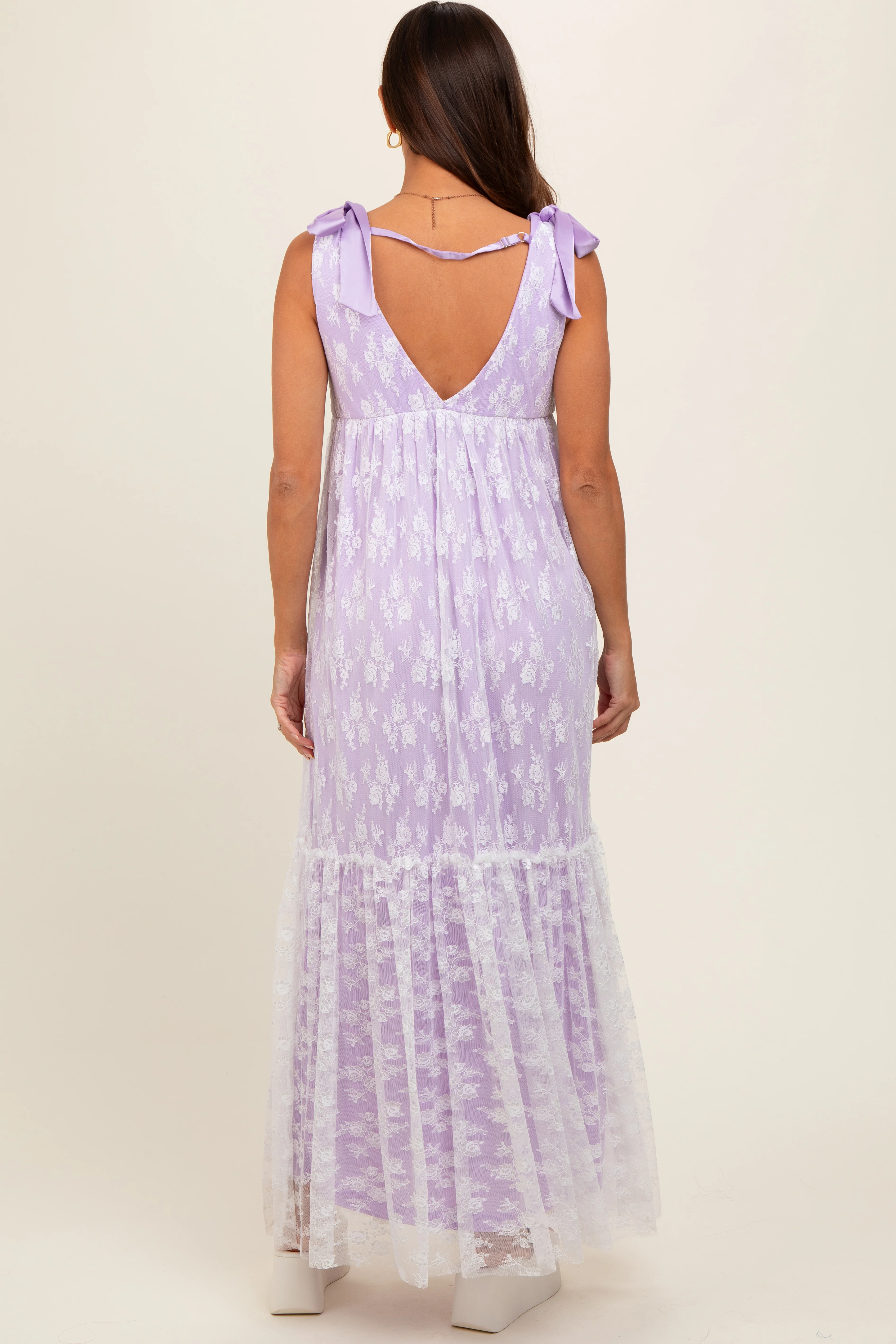Lavender V-Neck Satin Tie Lace Overlay Maternity Maxi Dress - Image 3