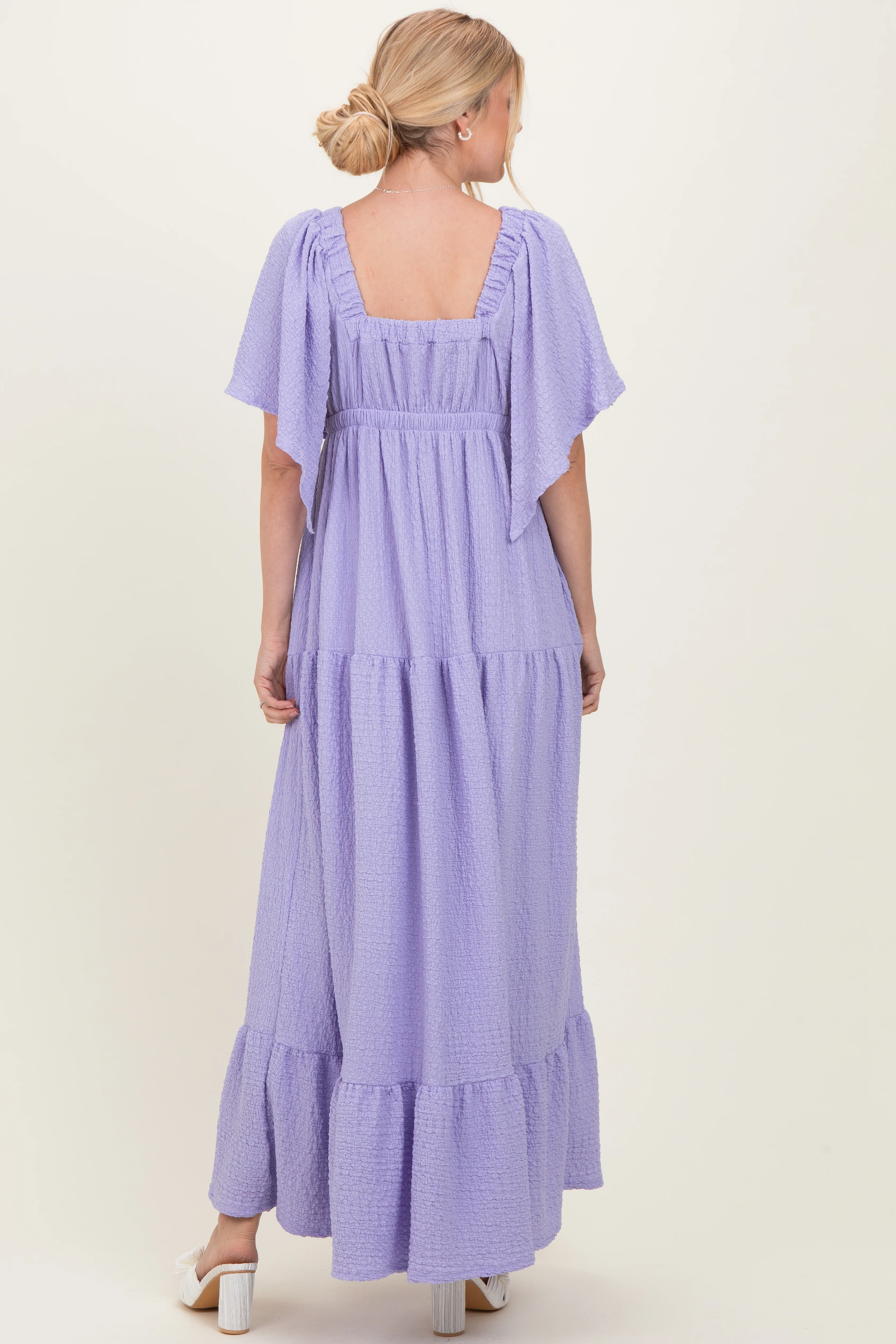 Lavender Woven Textured Flutter Sleeve V-Neck Tiered Maxi Dress - Image 4