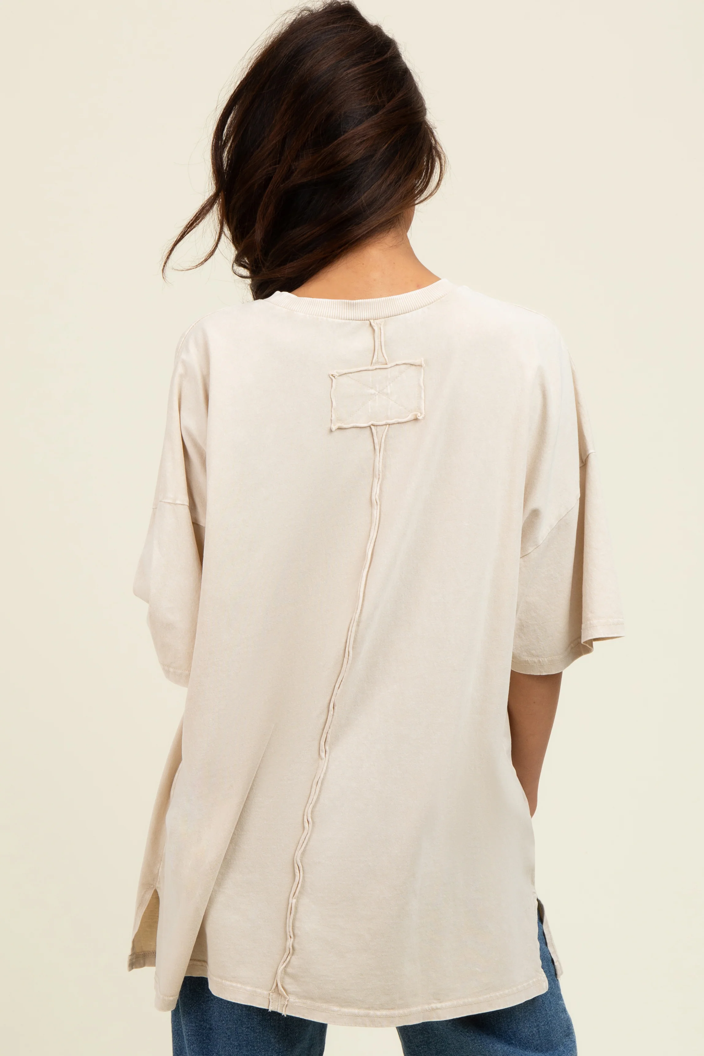 Light Beige Mineral Wash Crochet Pocket Top - Image 3