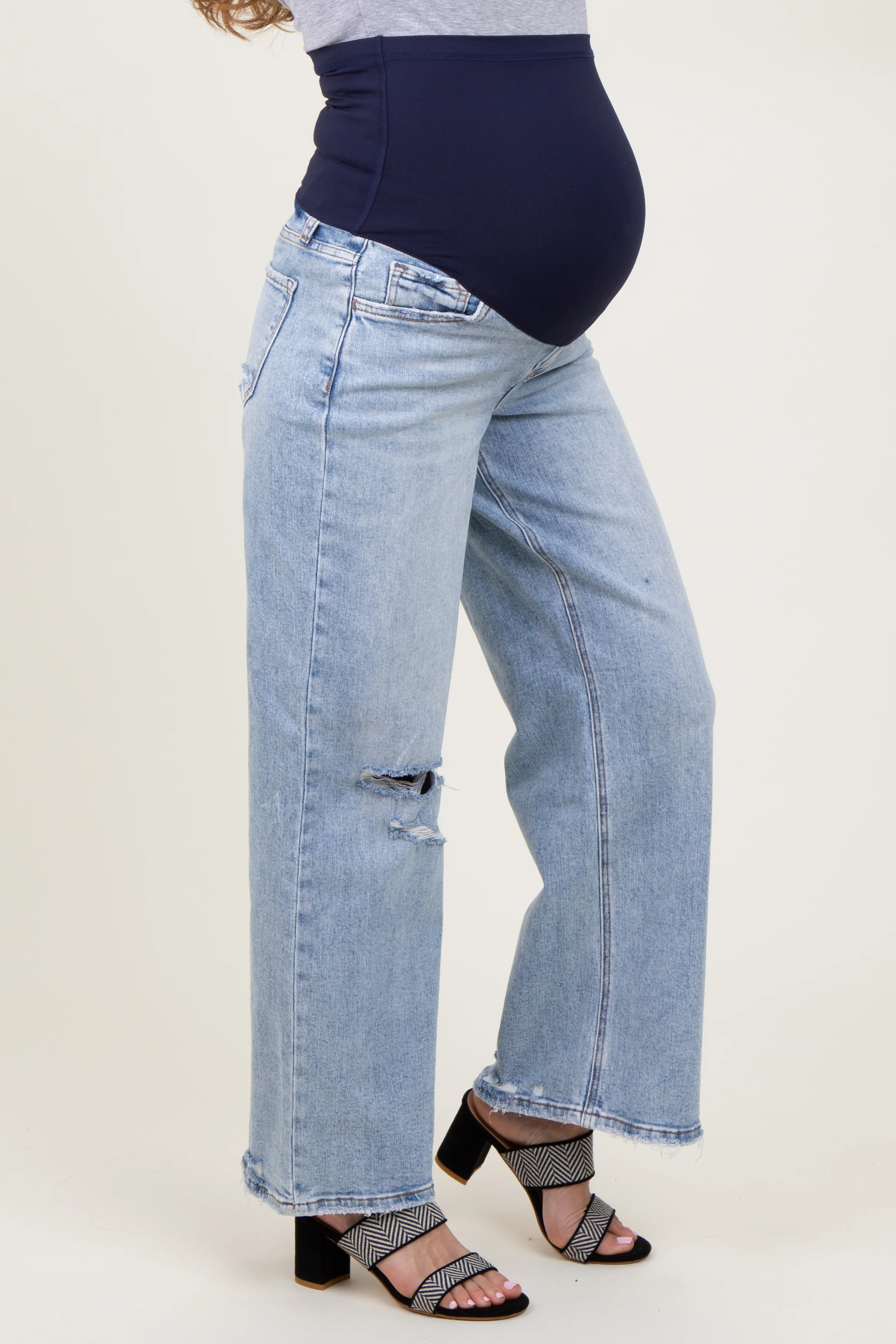 Light Blue Acid Wash Open Knee Wide Leg Maternity Jeans - Image 4