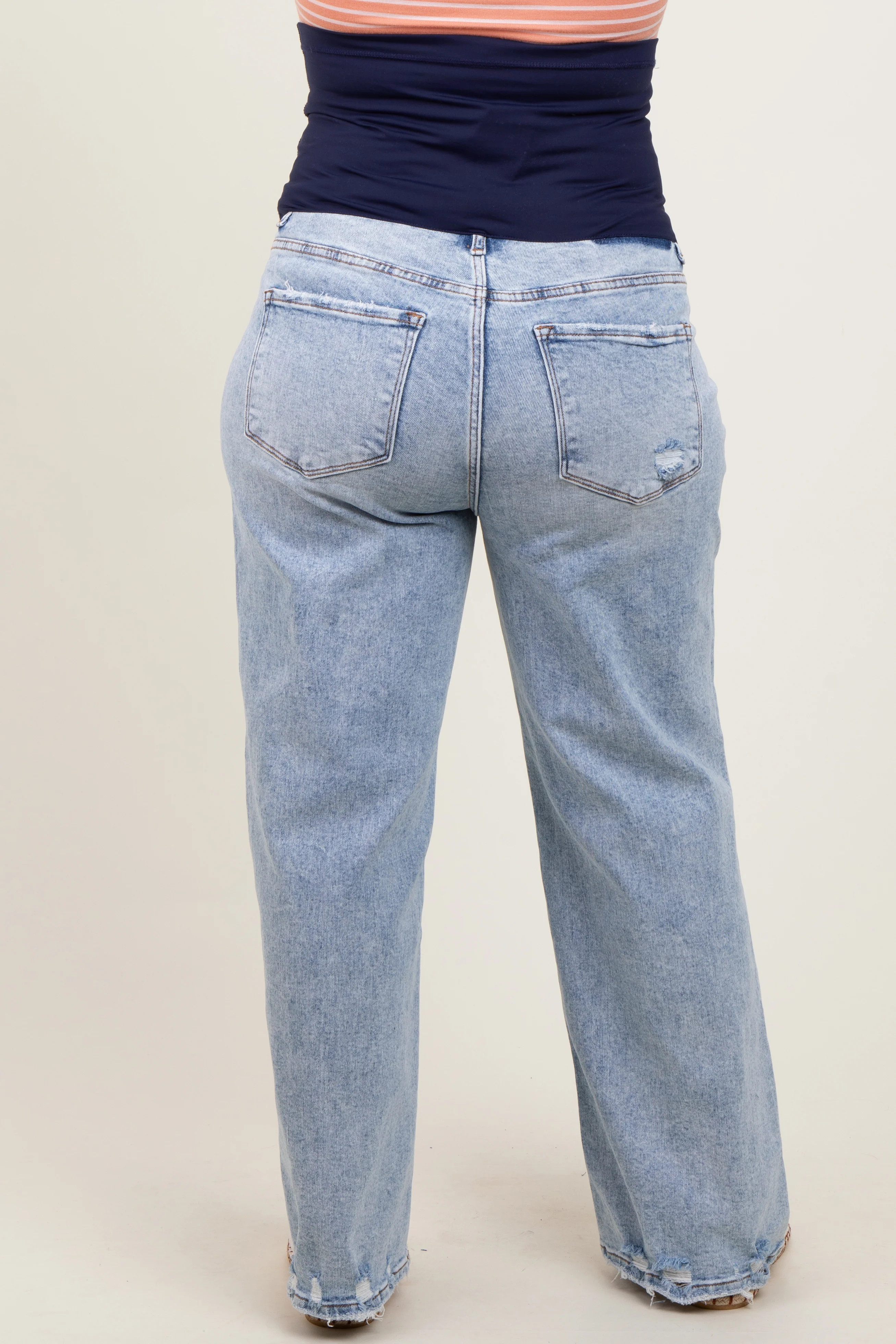 Light Blue Acid Wash Open Knee Wide Leg Maternity Plus Jeans - Image 4