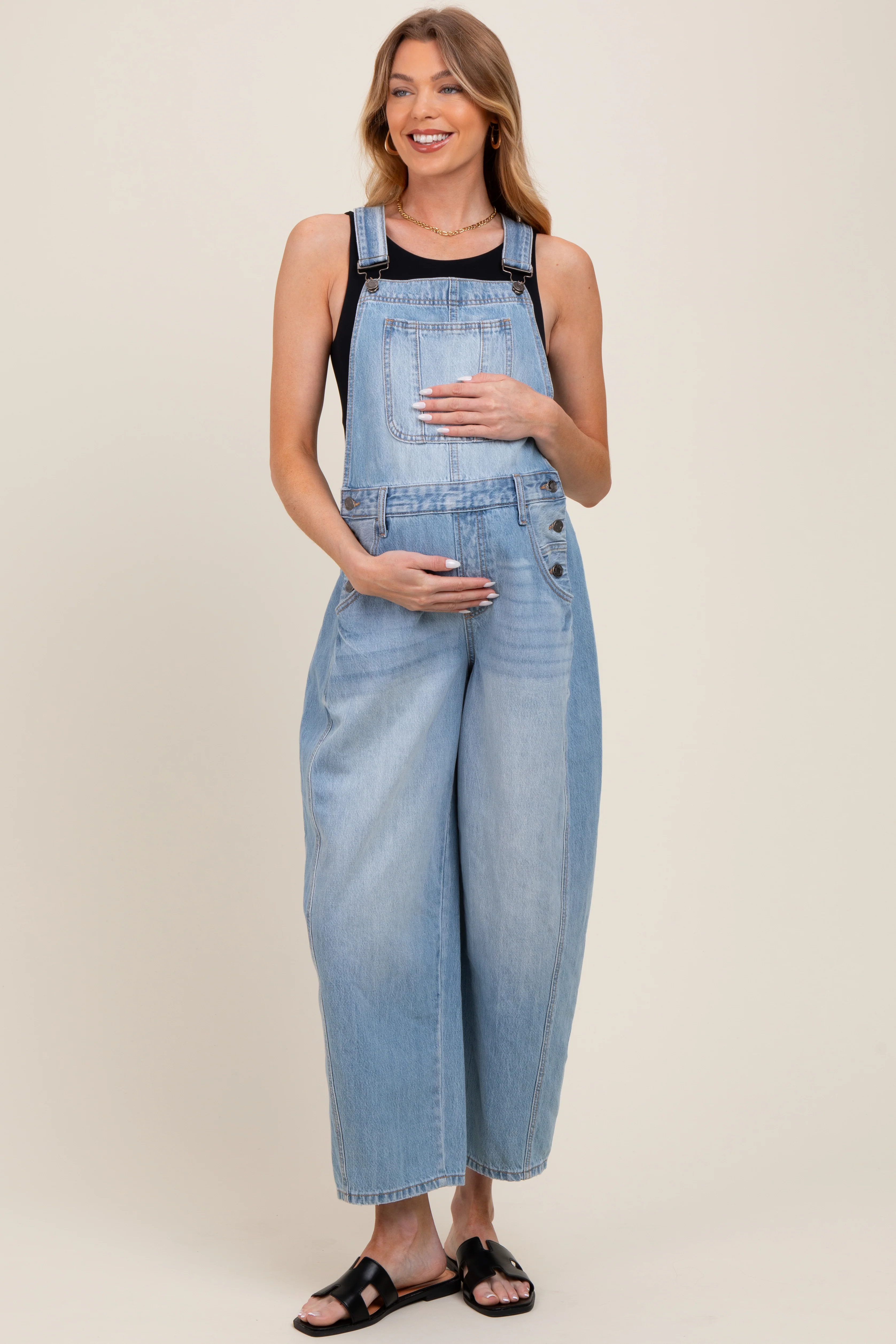 Light Blue Barrel Leg Maternity Overalls - Image 3