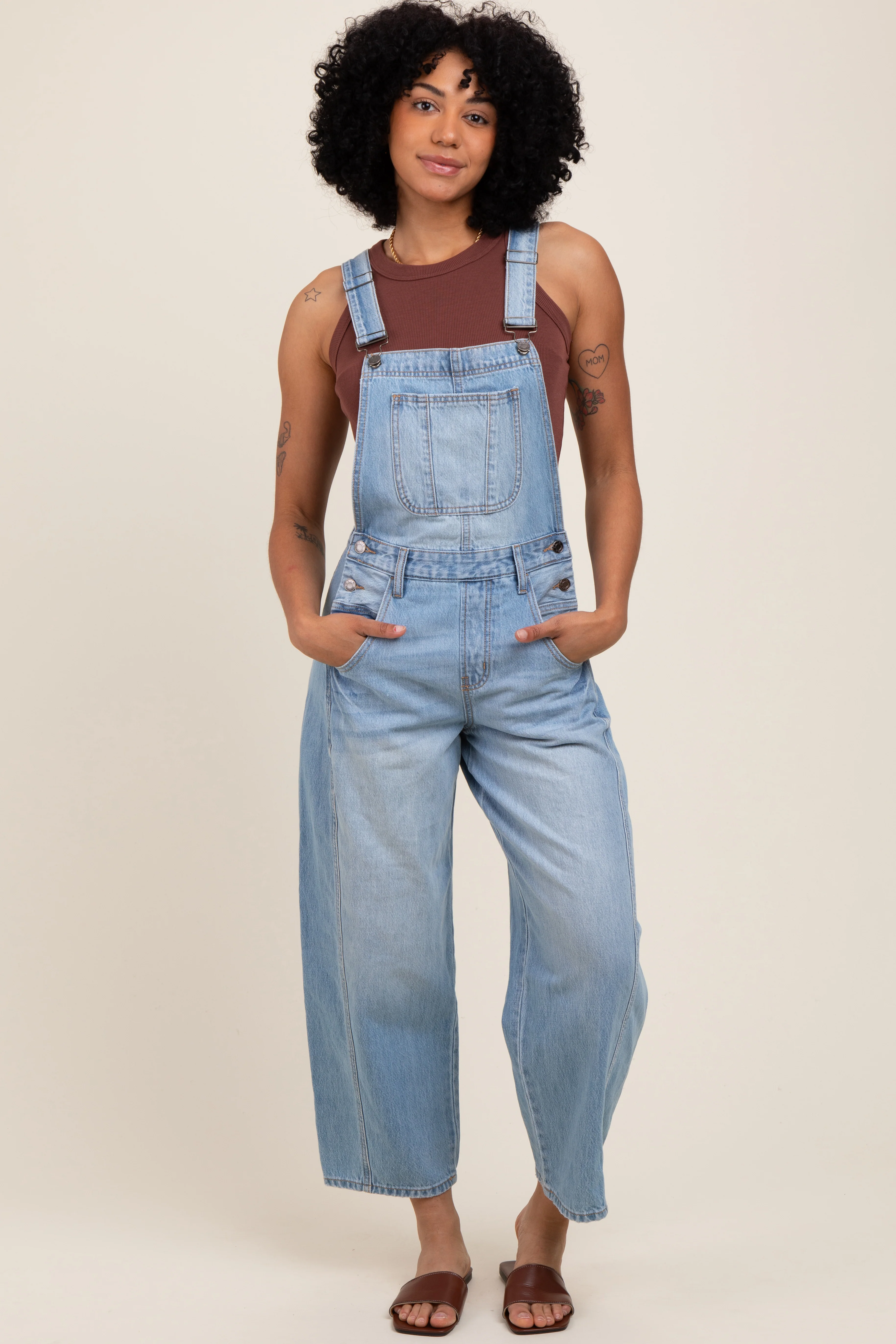 Light Blue Barrel Leg Maternity Overalls - Image 5