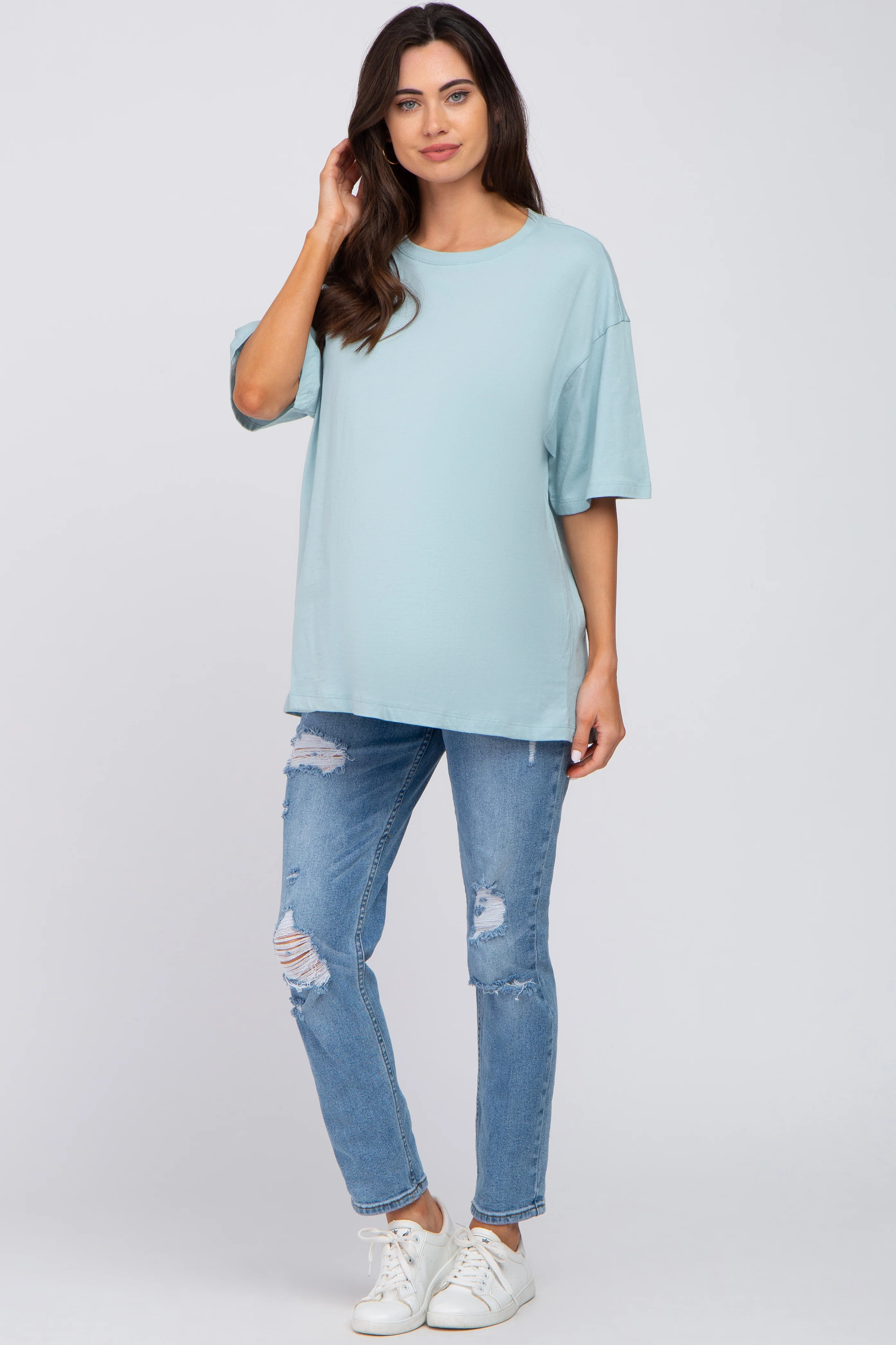 Light Blue Basic Oversized Maternity Tee - Image 4