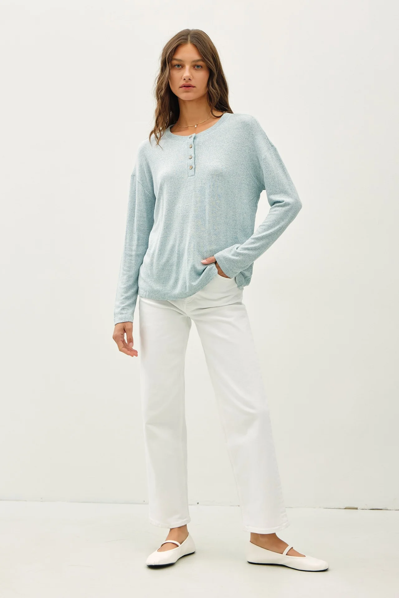 Light Blue Brushed Knit Henley Top - Image 3