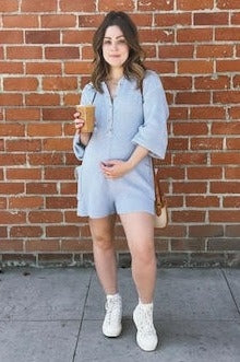 Light Blue Button Down Maternity Sweater Romper - Image 16