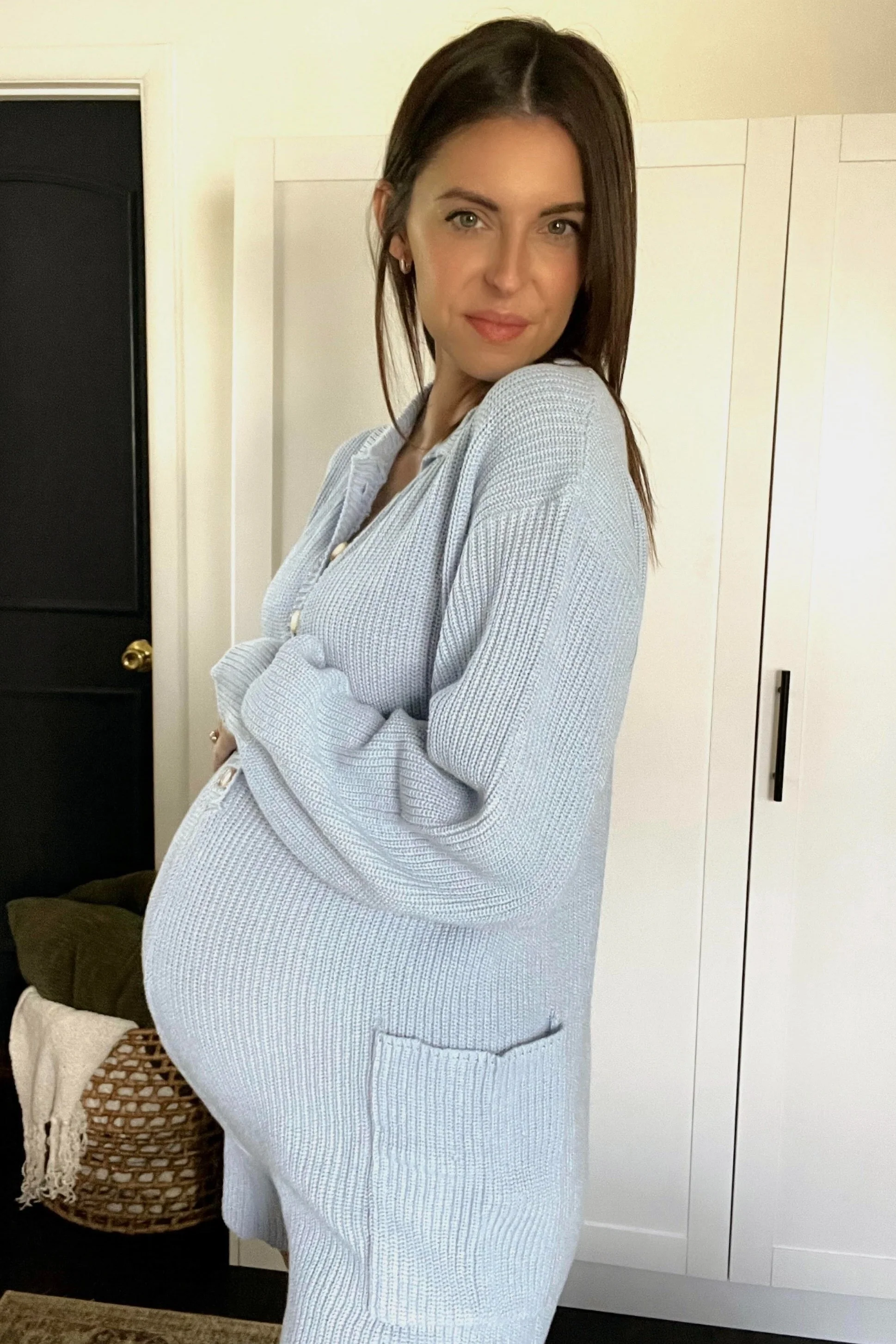 Light Blue Button Down Maternity Sweater Romper - Image 22