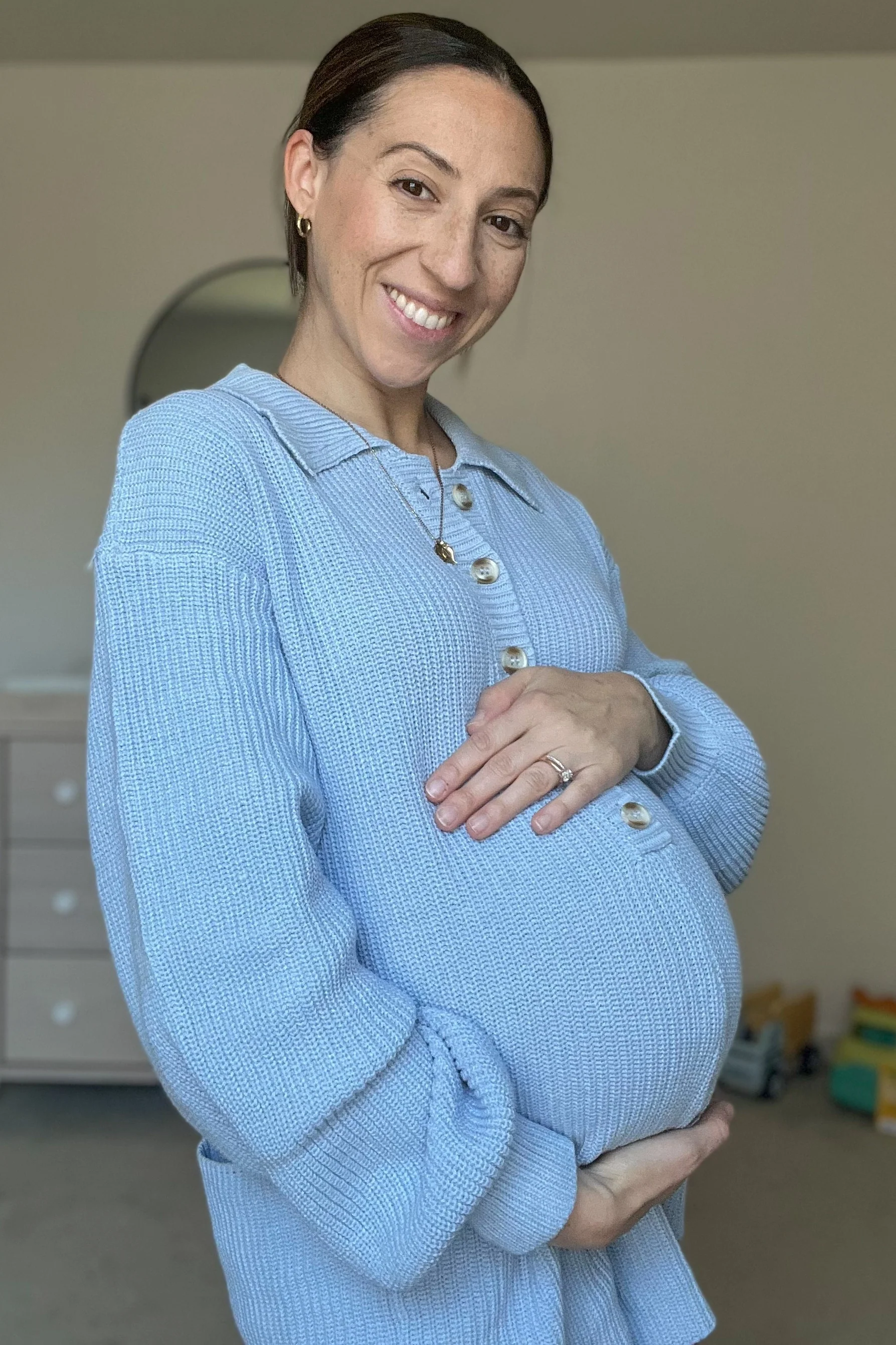 Light Blue Button Down Maternity Sweater Romper - Image 8