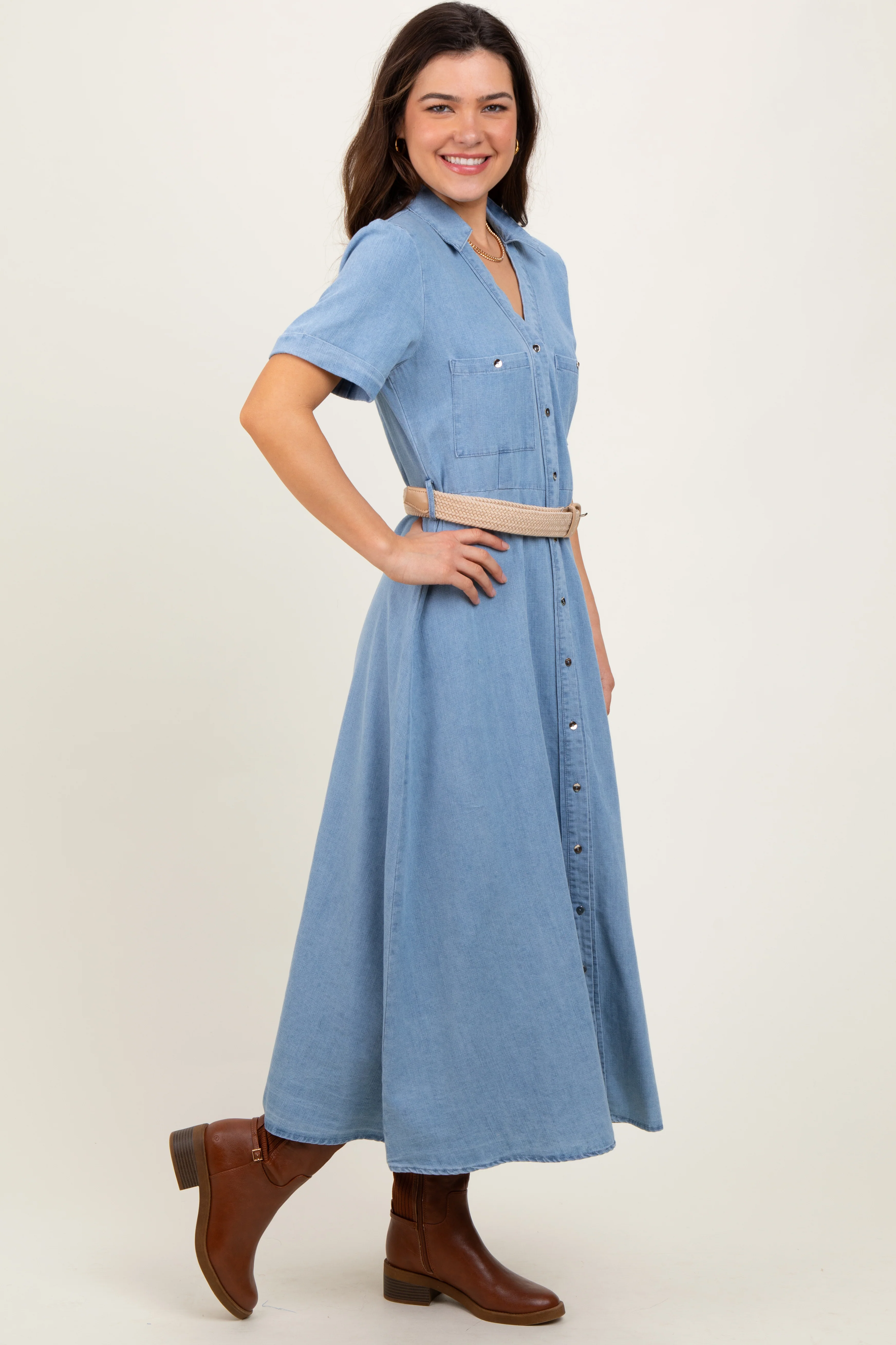 Light Blue Chambray Button Down Midi Shirt Dress - Image 3