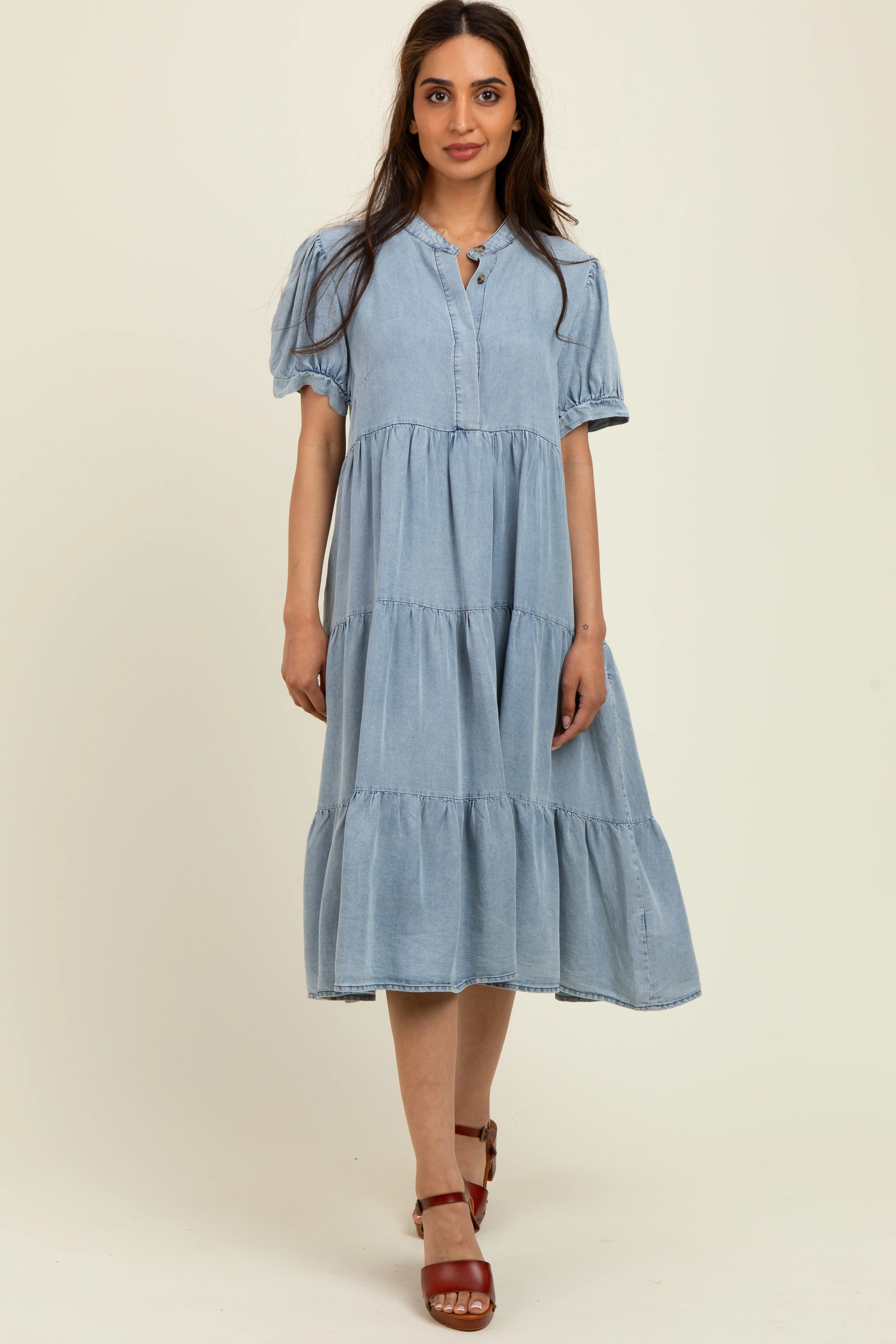 Light Blue Chambray Charm Tiered Maternity Midi Dress - Image 4