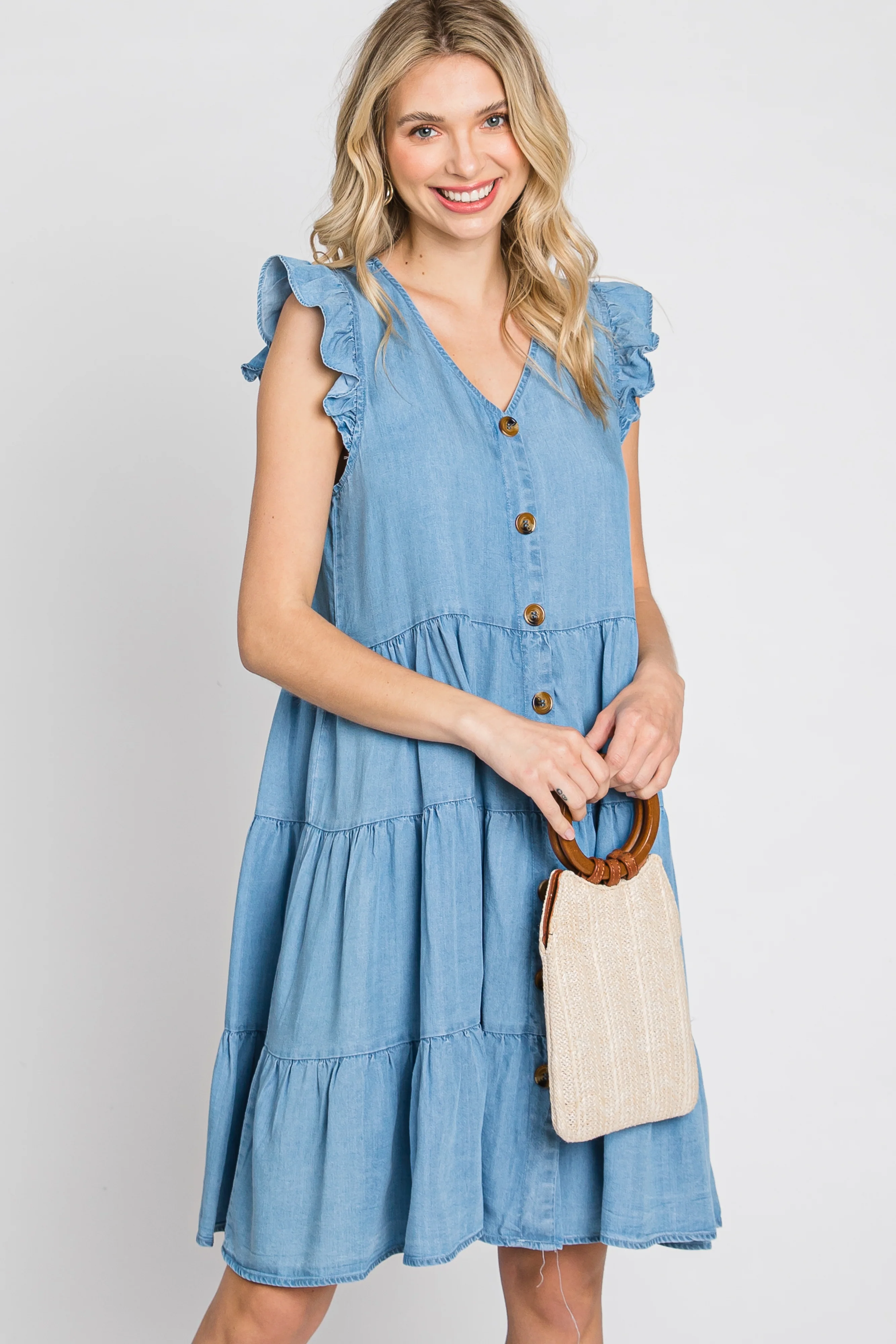 Light Blue Chambray Tiered Button Accent Dress - Image 5