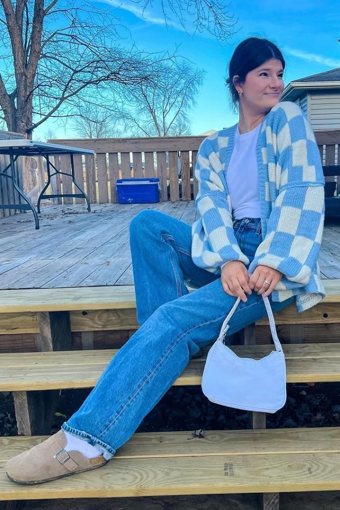 Light Blue Checkered Print Oversized Cardigan - Image 3