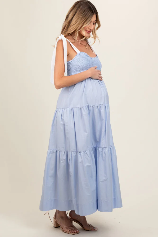 Light Blue Contrast Shoulder Straps Maternity Maxi Dress - Image 5