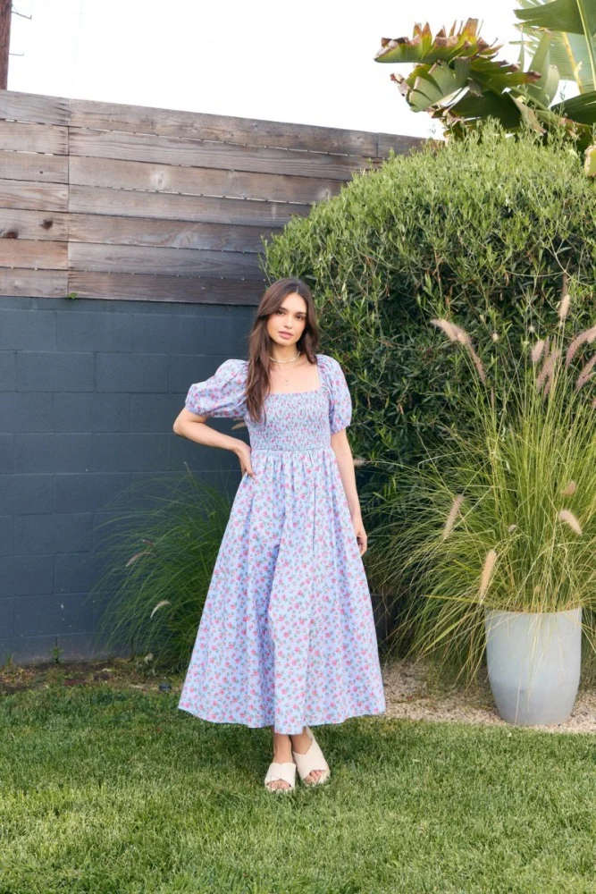 Light Blue Cotton Poplin Floral Smocked Midi Dress - Image 3