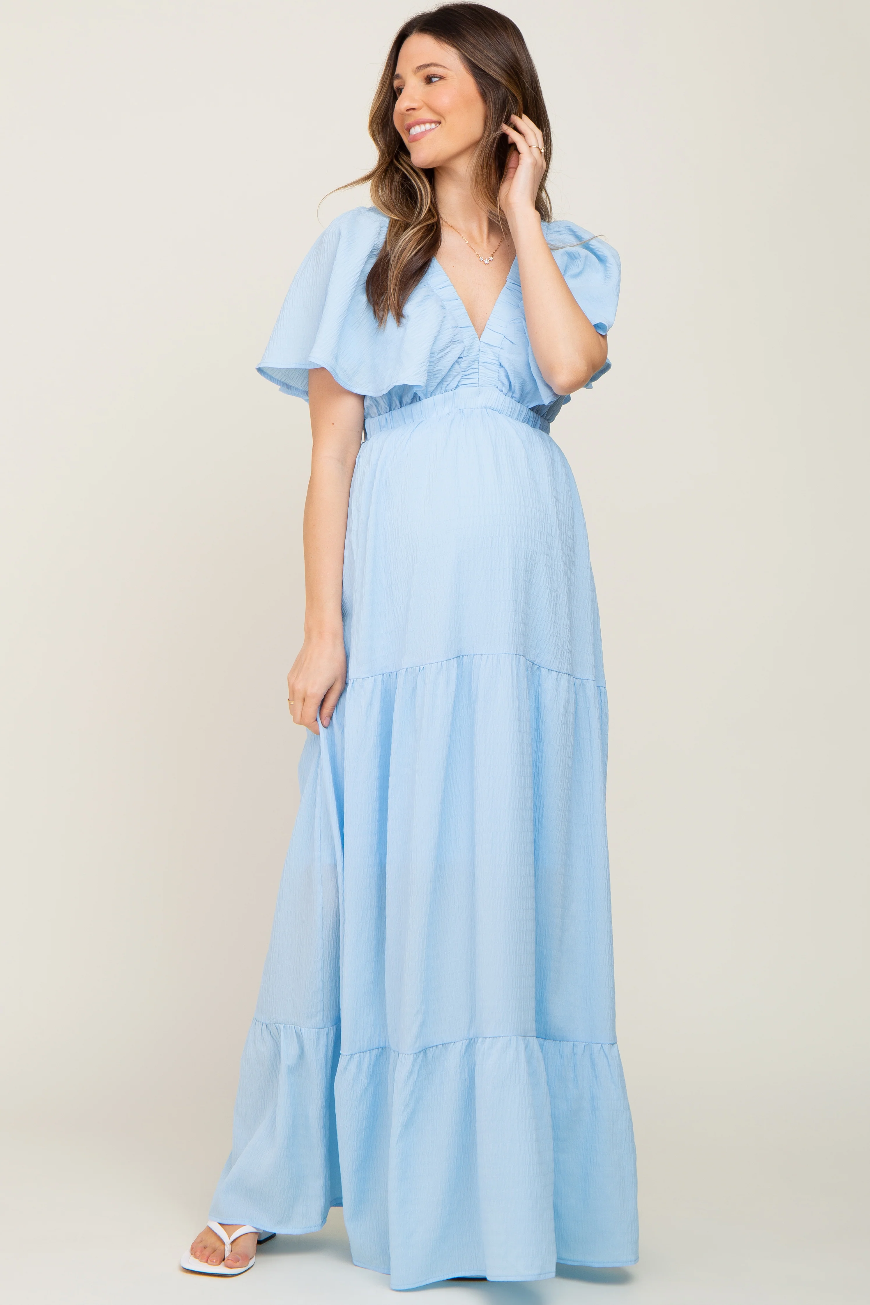 Light Blue Crepe Flounce Sleeve Tiered Maternity Maxi Dress - Image 4
