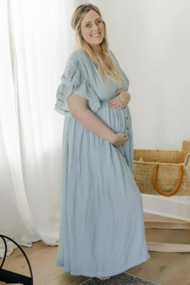Light Blue Deep V-Neck Button Down Maternity Maxi Dress - Image 9