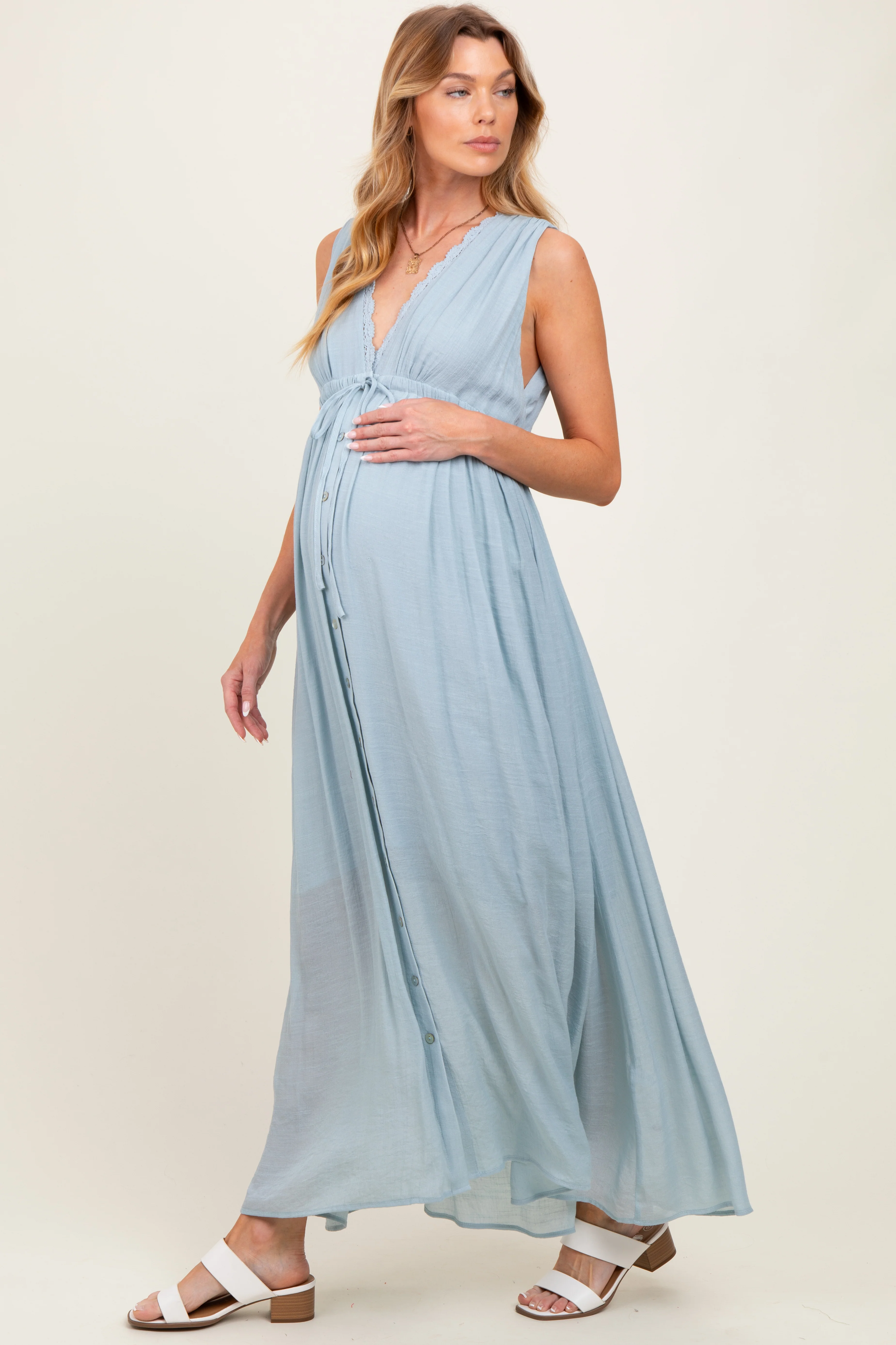 Light Blue Deep V-Neck Sleeveless Button Down Maternity Maxi Dress - Image 3
