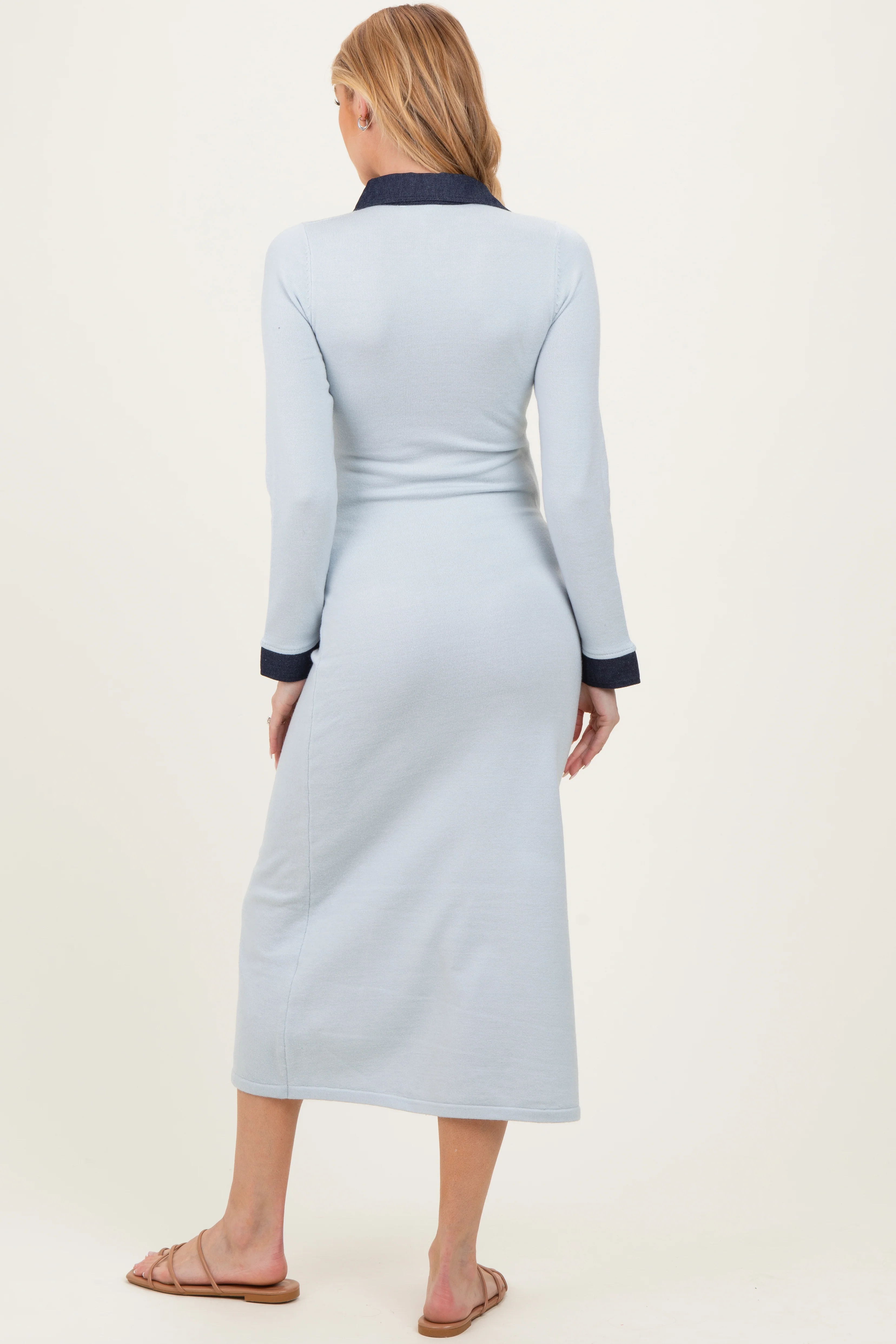 Light Blue Denim Trim Maternity Knit Dress - Image 3