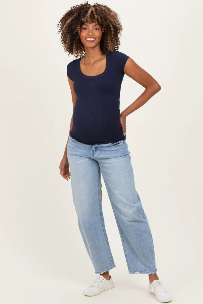 Light Blue Distressed Barrel Leg Maternity Jeans - Image 2