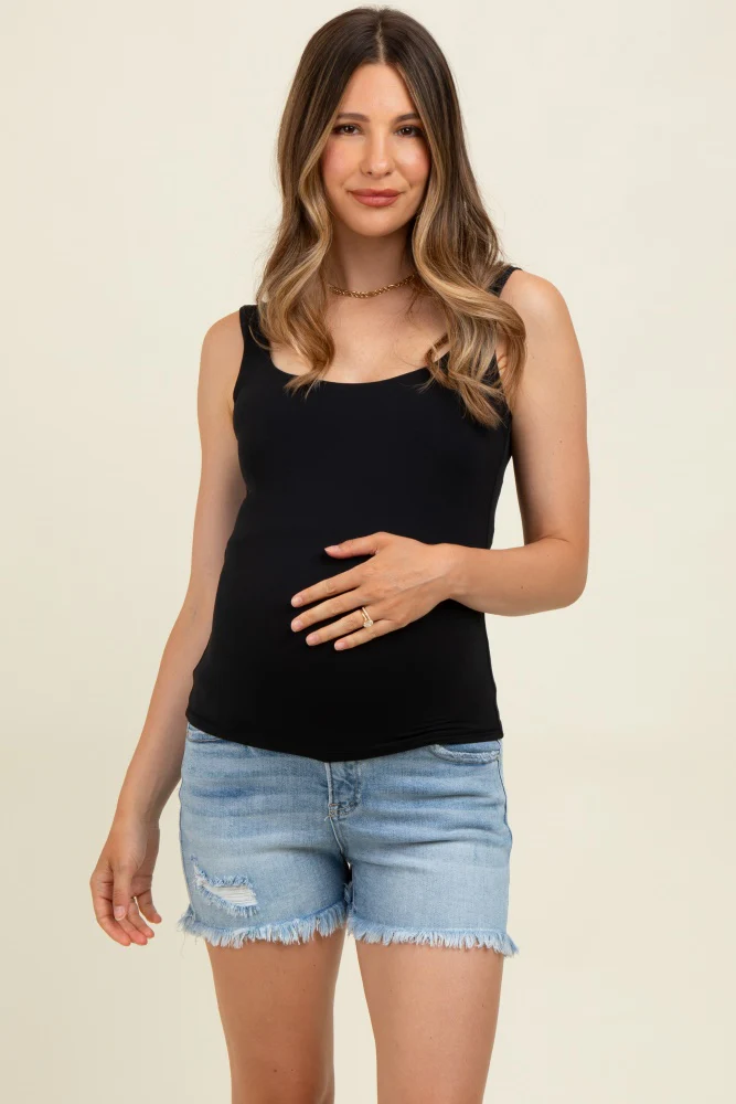 Light Blue Distressed Frayed Hem Maternity Shorts
