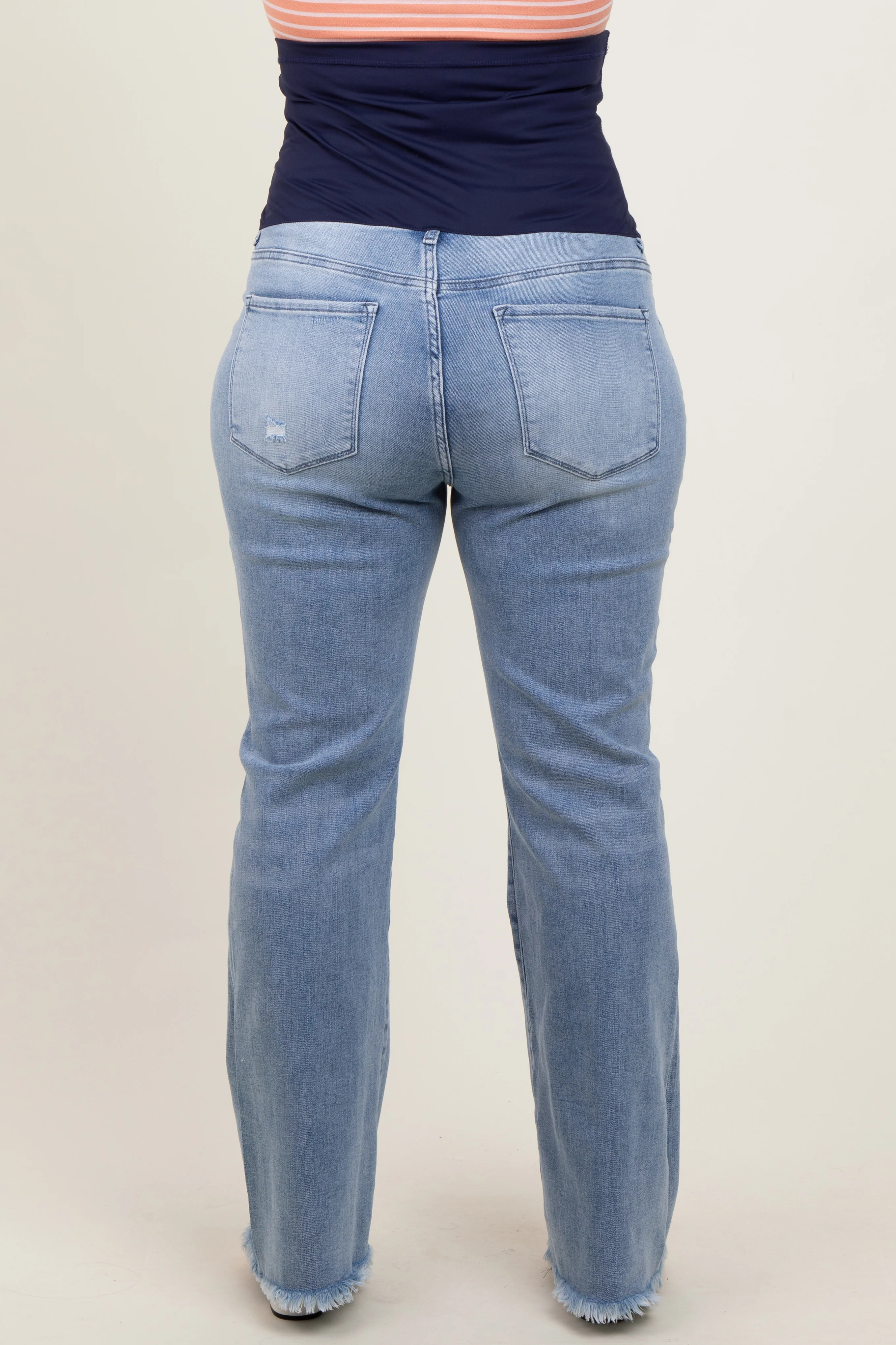 Light Blue Distressed Fringe Hem Flare Leg Maternity Plus Jeans - Image 4