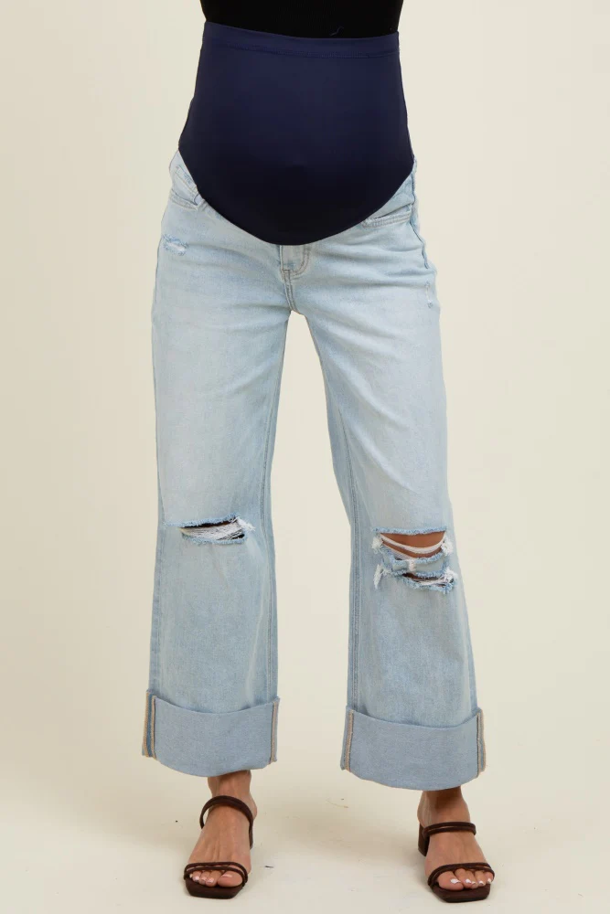 Light Blue Distressed Knee Cropped Cuffed Baggy Wide Leg Maternity Jeans - Image 2
